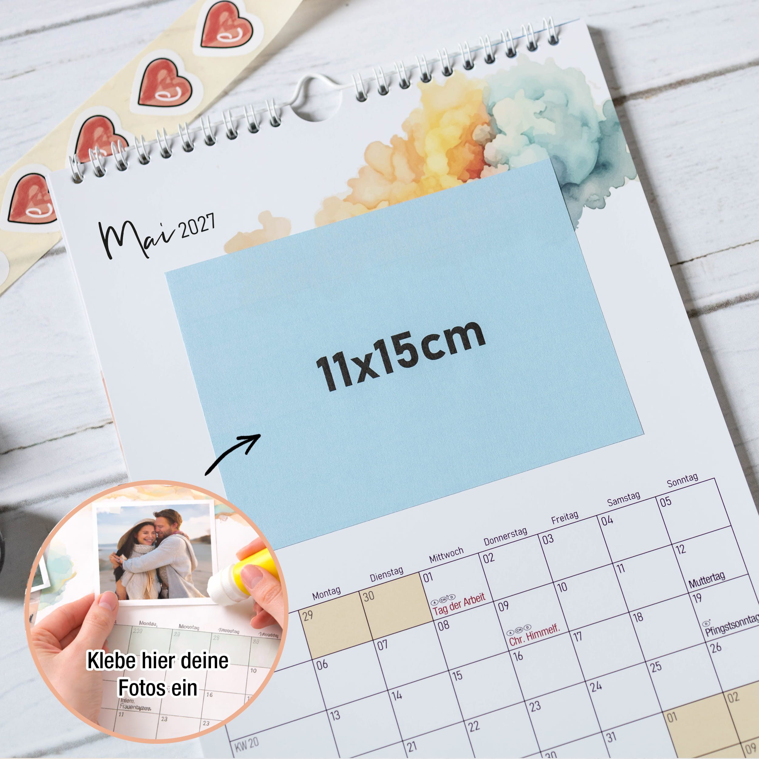 TOBJA Kalender zum Selbstbasteln DIY Foto-Kalender 2027 A4 zum Selbstgestalten Bastelkalender 250g, Foto-Formate flexibel, 250g Papier, Ringbindung, Schulferien DE+AT