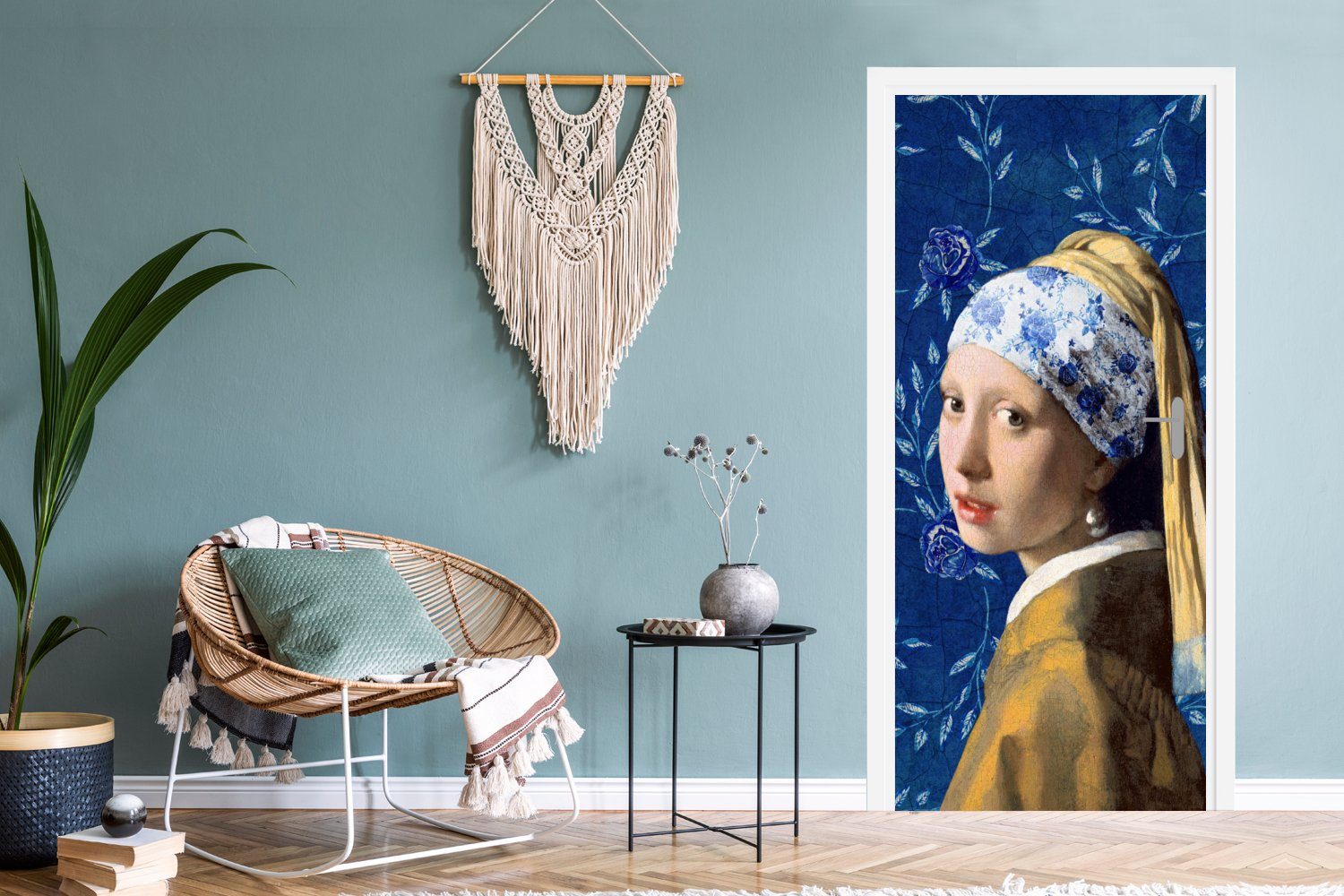 Porzellan Mädchen Blumen - (1 für Vermeer bedruckt, -, mit cm St), MuchoWow Delfter - Türtapete 75x205 Fototapete - Perlenohrring Matt, Tür, Türaufkleber,