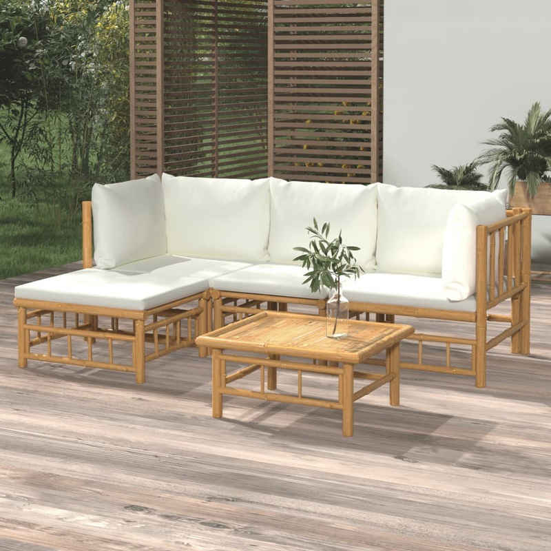 furnicato Garten-Essgruppe 5-tlg. Garten-Lounge-Set mit Cremeweißen Kissen Bambus