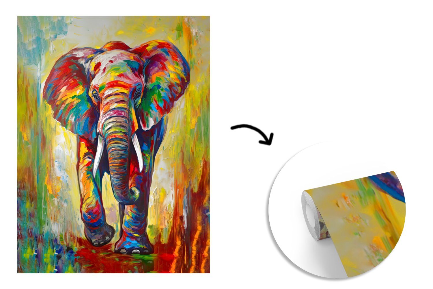 Regenbogen, Vinyl Montagefertig Tapete Tiere Wohnzimmer, Kunst MuchoWow - St), Elefant - - bedruckt, Malerei Fototapete Matt, Wandtapete - für (4