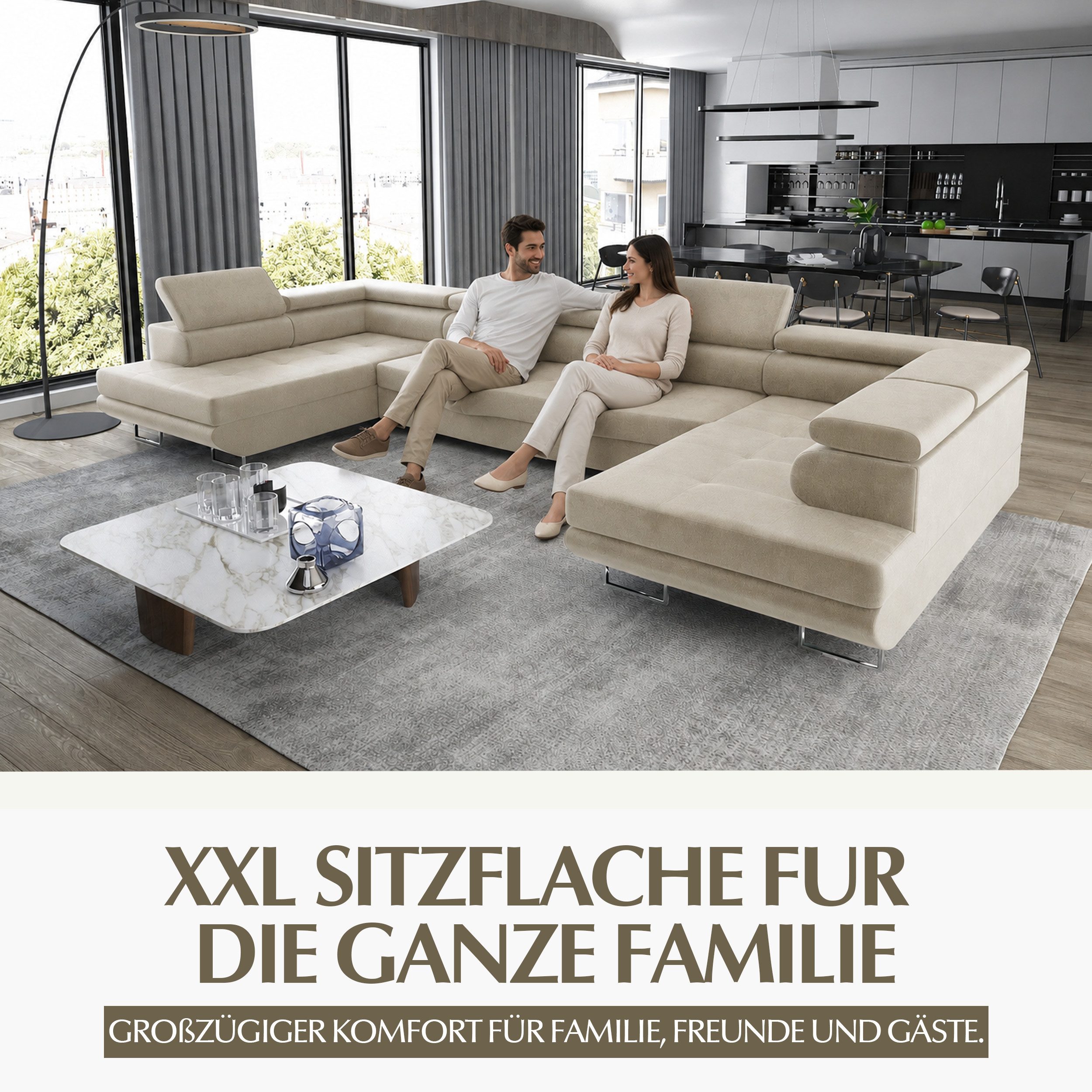 Goldstoff Wohnlandschaft "ASTON" U Form mit Schlaffunktion XXL Couch Sofa, Komfortable U Form Couch mit Bettkasten und Schlaffunktion 1 Teile, U Form Sofa mit B – Bild 3 von 5