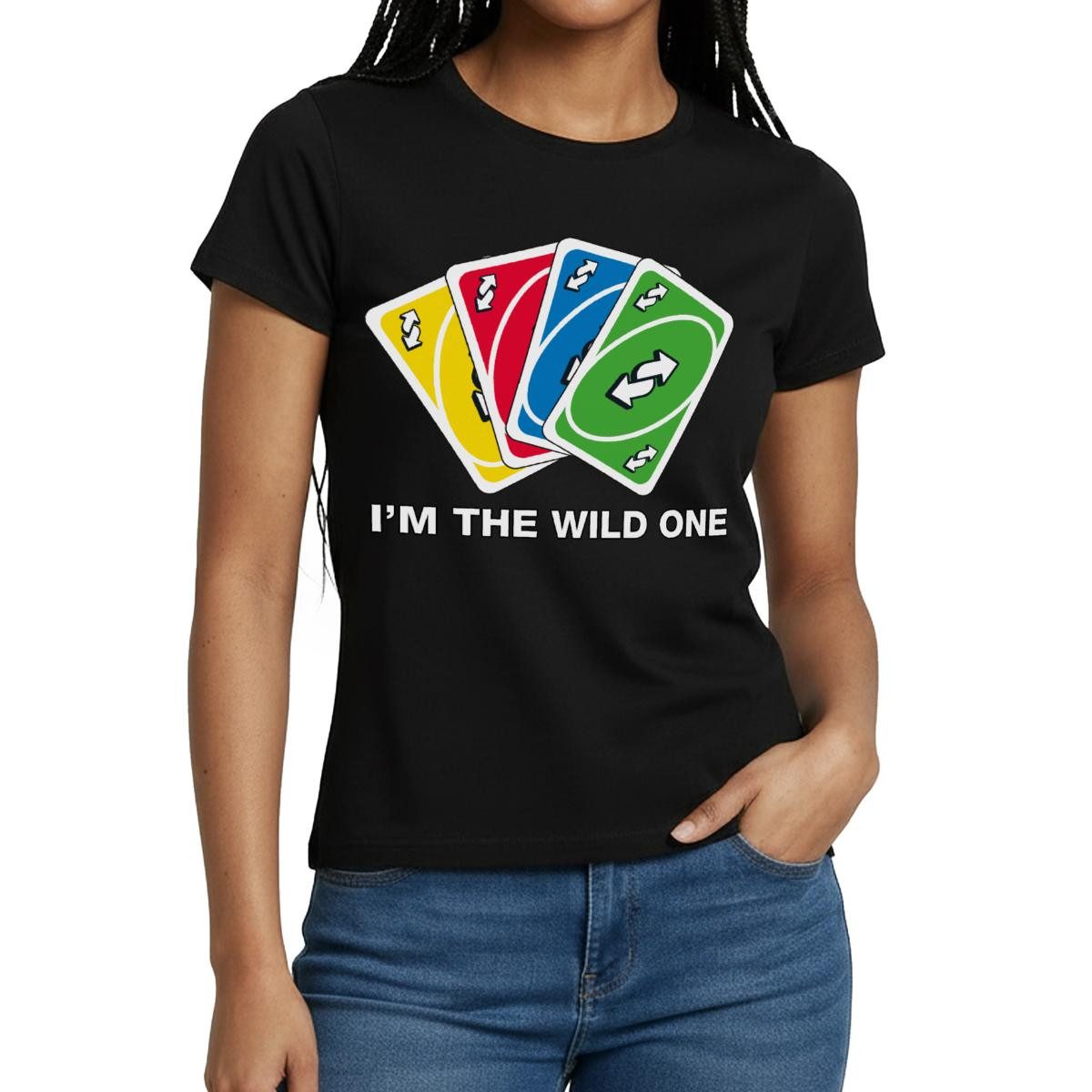 Spreadshirt T-Shirt UNO I'm The Wild One Meme Richtungswechsel-Karte Geschenk Frauen T-Shi (1-tlg) Slim Fit, fällt klein aus