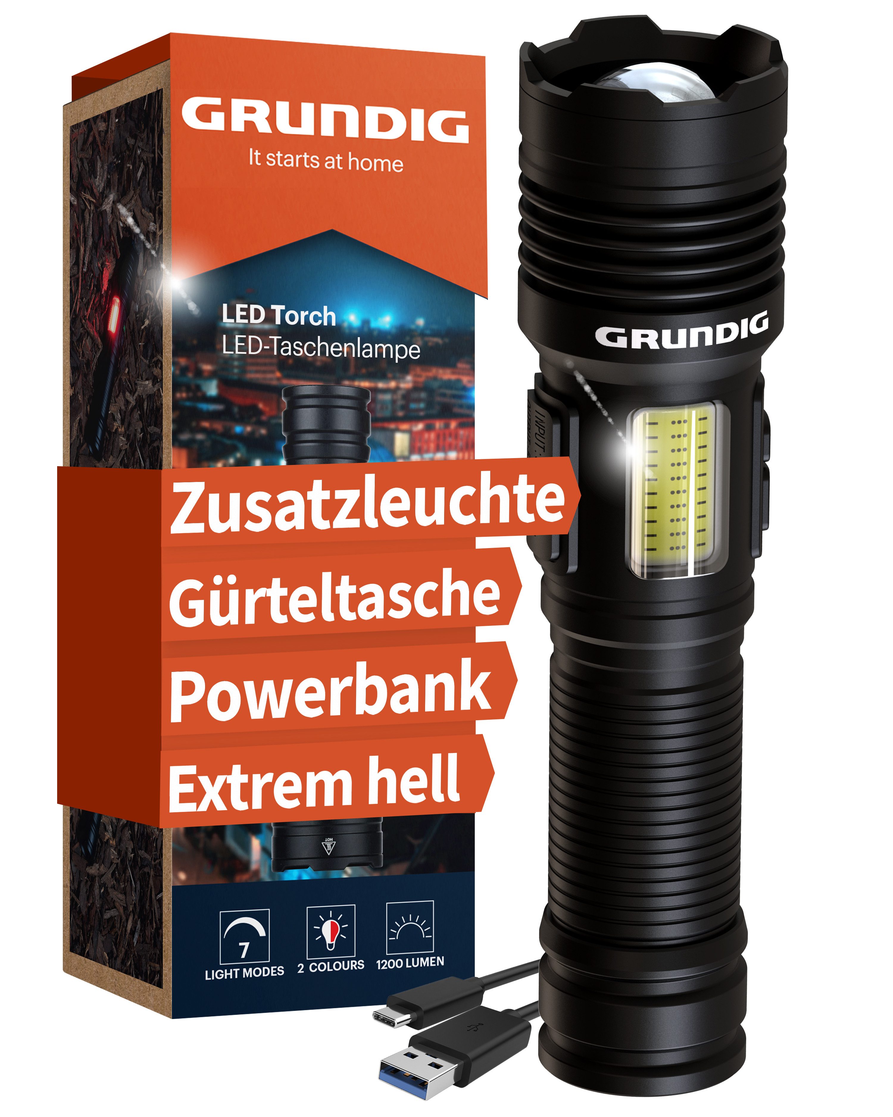 Grundig LED Taschenlampe Arbeitsleuchte - Notfall USB Ladung von Telefon/Tablet extrem HELL (mit Zusatz Arbeitsleuchte - Notfall USB Ladung), extrem hell hochfestes Alu Gehäuse - starker Li Akku