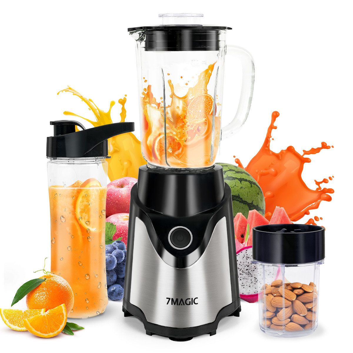 7MAGIC Standmixer Mini Smoothie Maker to go Mixer, 500 W, elektrisch Blender mit Trockenmahlbecher, für Ice, Obst, Gemüse, Nüsse