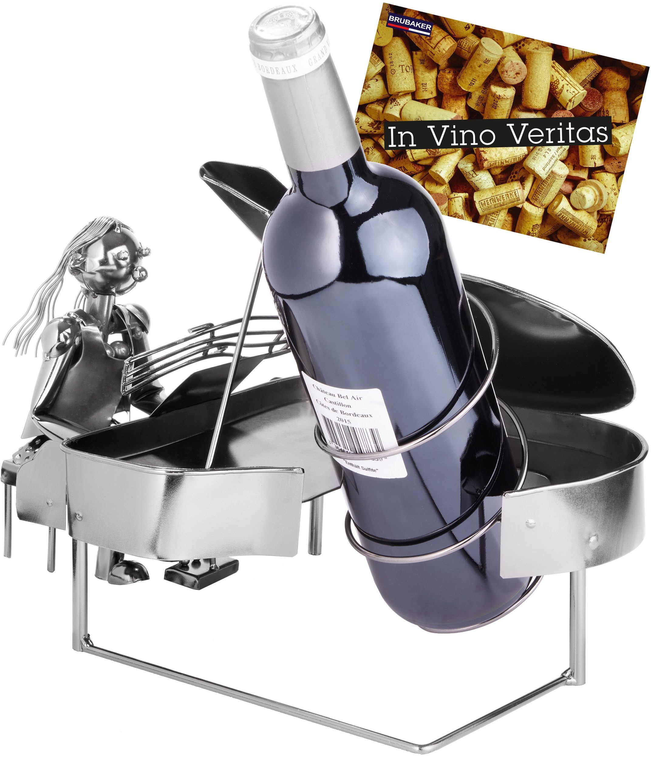 BRUBAKER Weinflaschenhalter Klavierspielerin mit Klavier, (inklusive Grußkarte), Weinhalter Metall Skulptur, Wein Geschenk, Flaschenhalter
