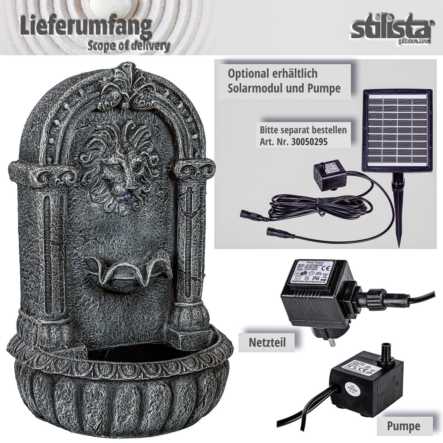 34 cm, Steinoptik, Springbrunnen Kaskade, Gartenbrunnen STILISTA in 53 23 Pumpe Löwenkopf x x inkl. Wasserspiel Zierbrunnen