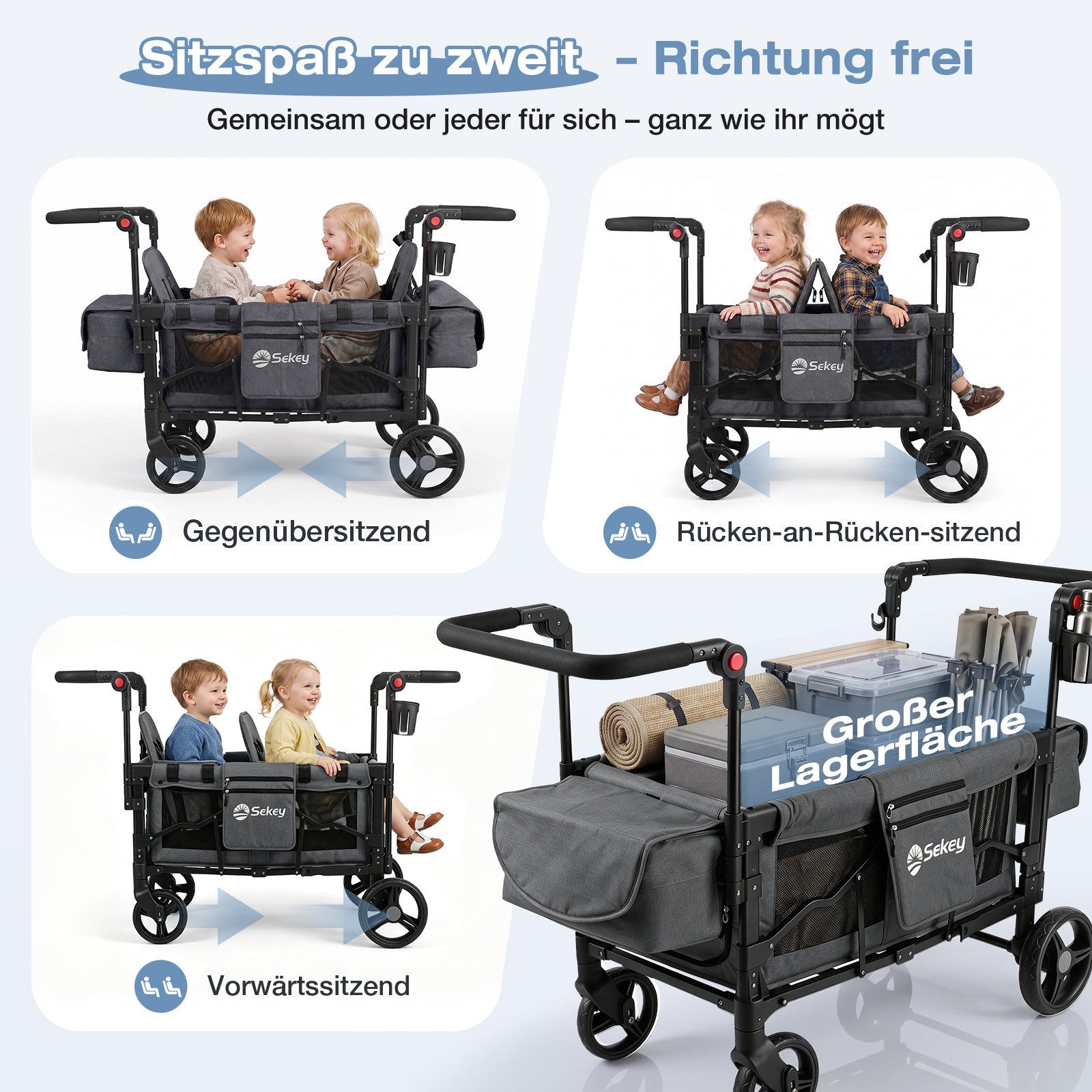 Sekey Bollerwagen für Kinder zum Sitzen, Bollerwagen Faltbar Kinderwagen für 2 Kinder, Duo Schiebegriff Kinderwagen mit 2 integrierten 5-Punkt-Gurtsystem