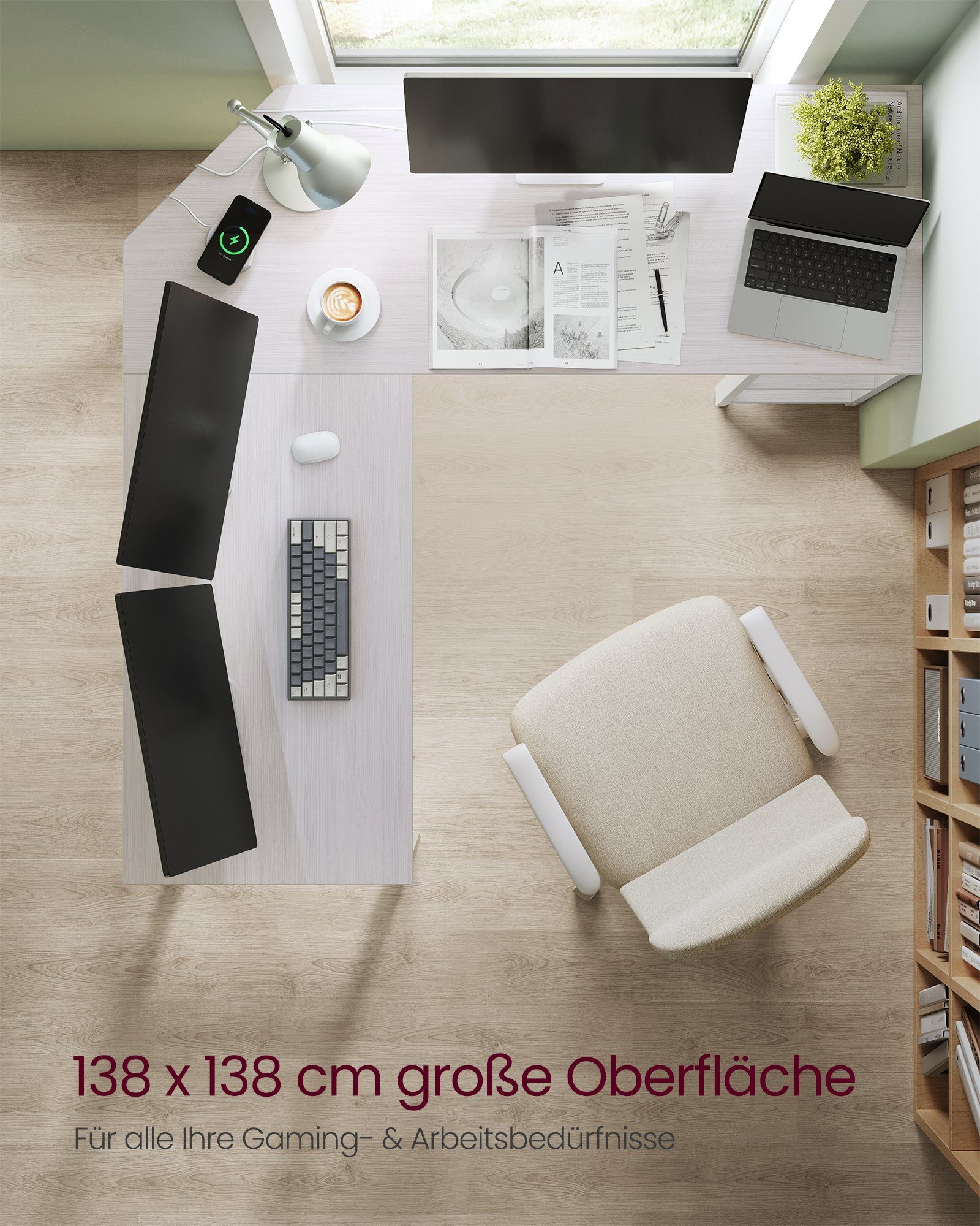 VASAGLE Schreibtisch L-förmiger Computertisch, Eckschreibtisch, Gaming, Homeoffice, 138 x 138 x 76 cm, mit 2 Ablagen, platzsparender, einfacher Aufbau