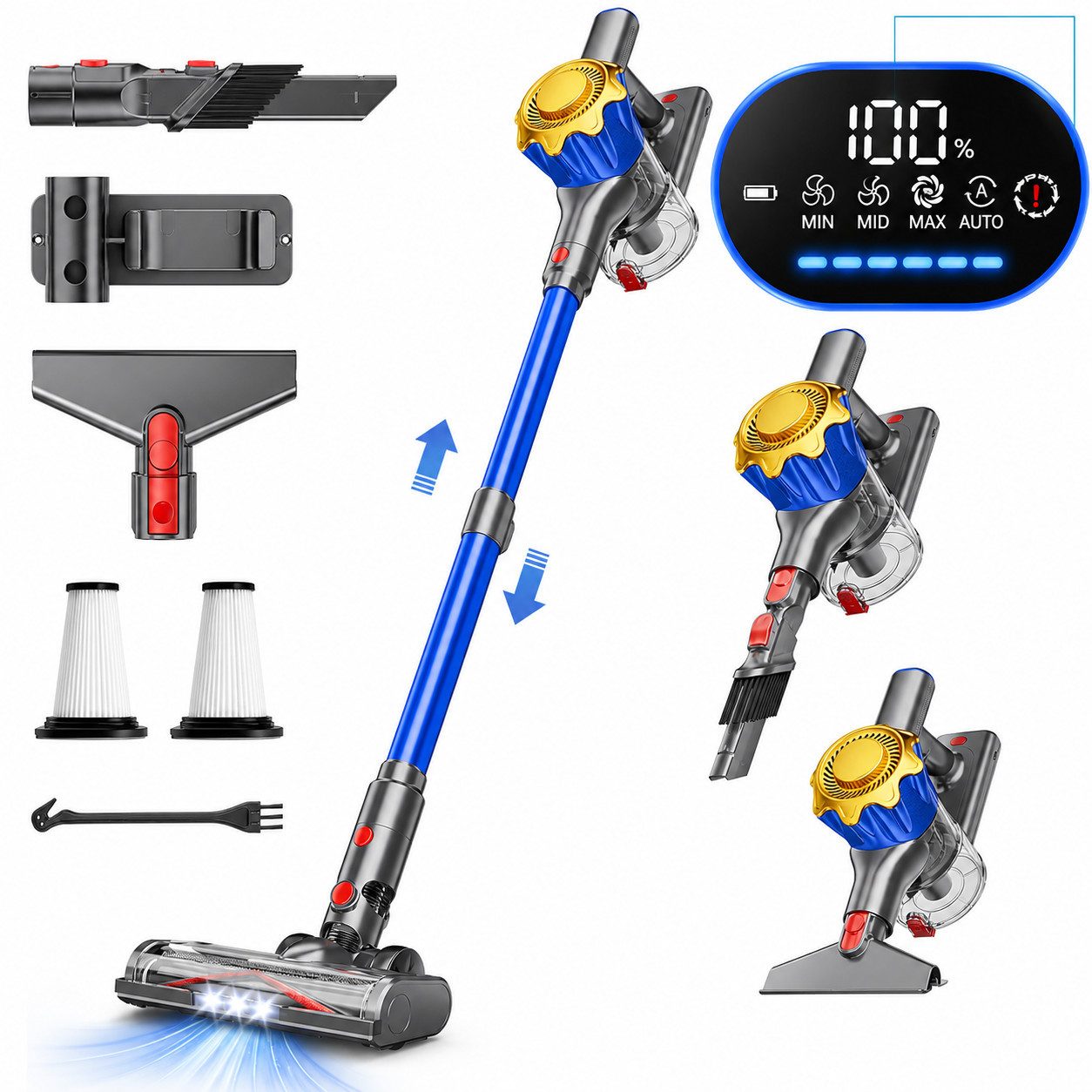 Goldstern-Tech Akku-Hand-und Stielstaubsauger, 450 W, beutellos, bis zu 50 Min Laufzeit, LED-Display, HEPA-Filter