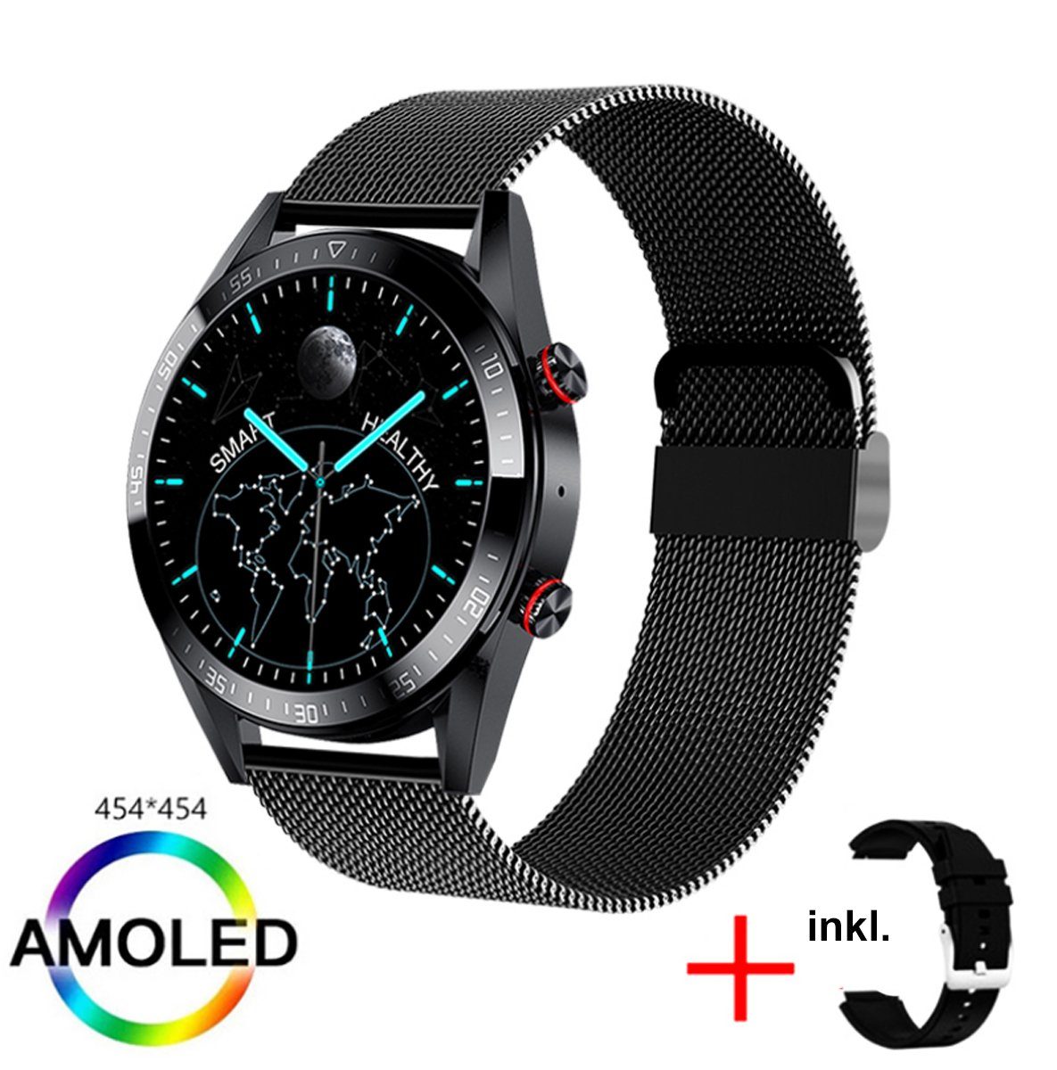 TPFNet SW26 mit Milanaise Armband + Silikon Armband Smartwatch (Android), individuelles Display - Armbanduhr mit Musiksteuerung, Herzfrequenz, Schrittzähler, Kalorien, Social Media etc. - Schwarz