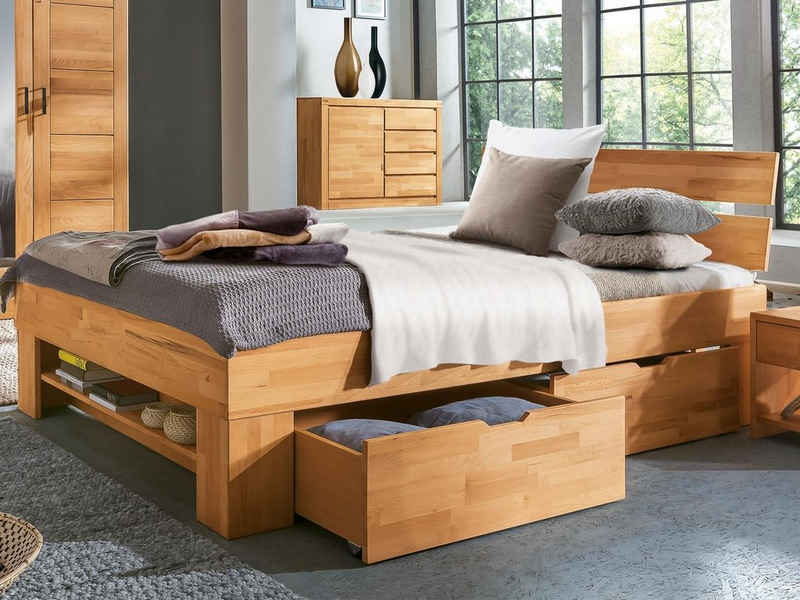 möbelando Bett Manuel, Modernes Bett aus Massivholz in Kernbuche geölt mit 4 Schubkästen auf Rollen und 1 Fußteilregal. Breite 185 cm, Höhe 88 cm, Tiefe 215 cm, Liegefläche 180x200 cm