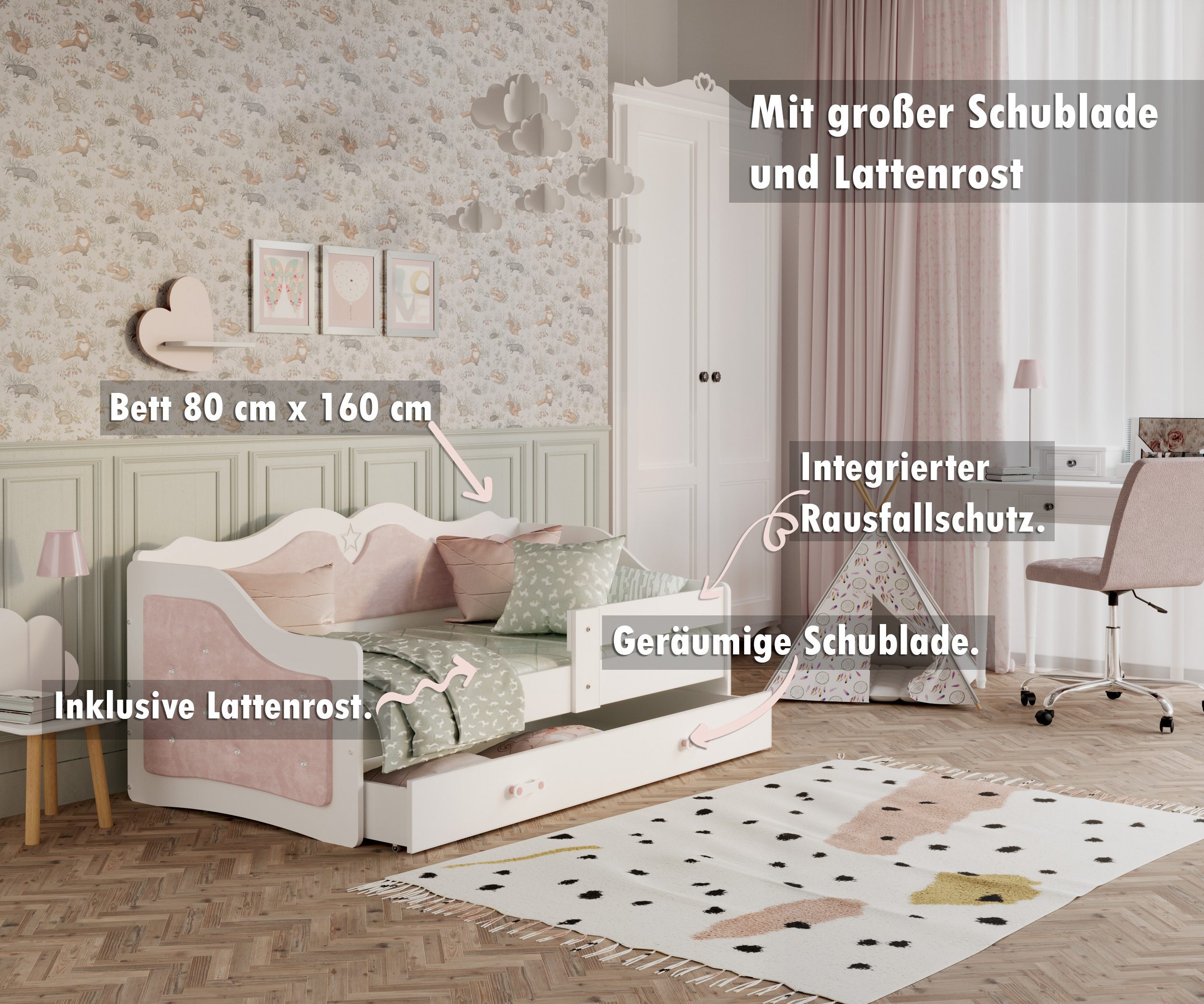 AJKmeble Kinderbett mit Polster, 80x160, 80x180cm günstig online kaufen