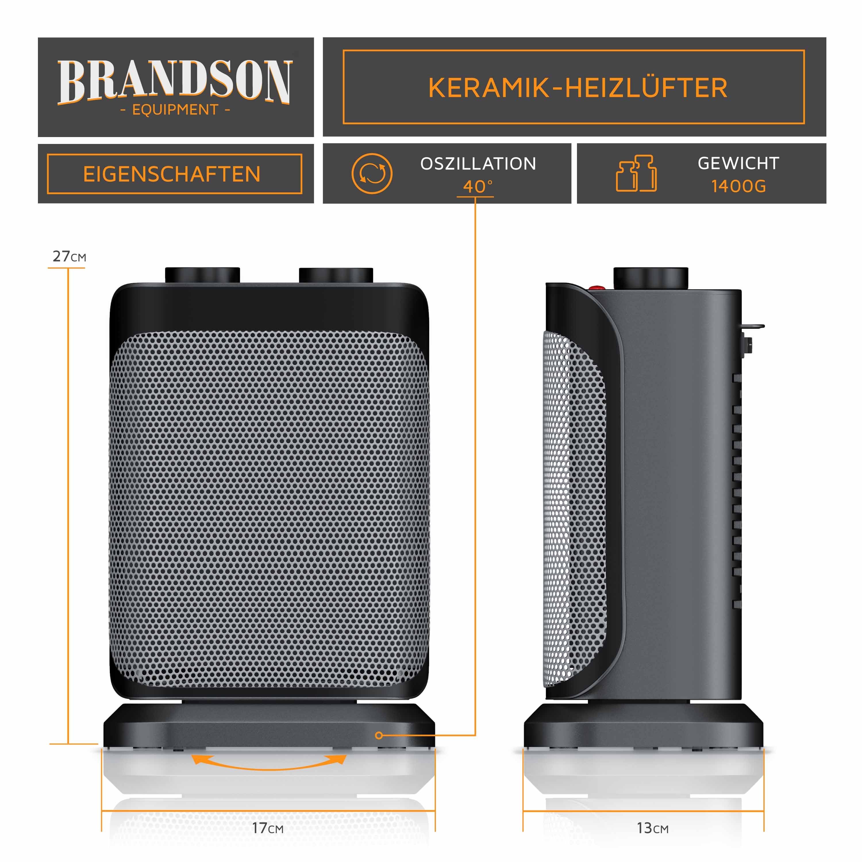 Brandson Keramikheizlüfter Keramik Heizlüfter, Oszilationsfunktion, Badezimmer Keramikheizgerät, 1500 W, Energiesparend, leise, Temperaturregelung, Thermosicherung, Heizung