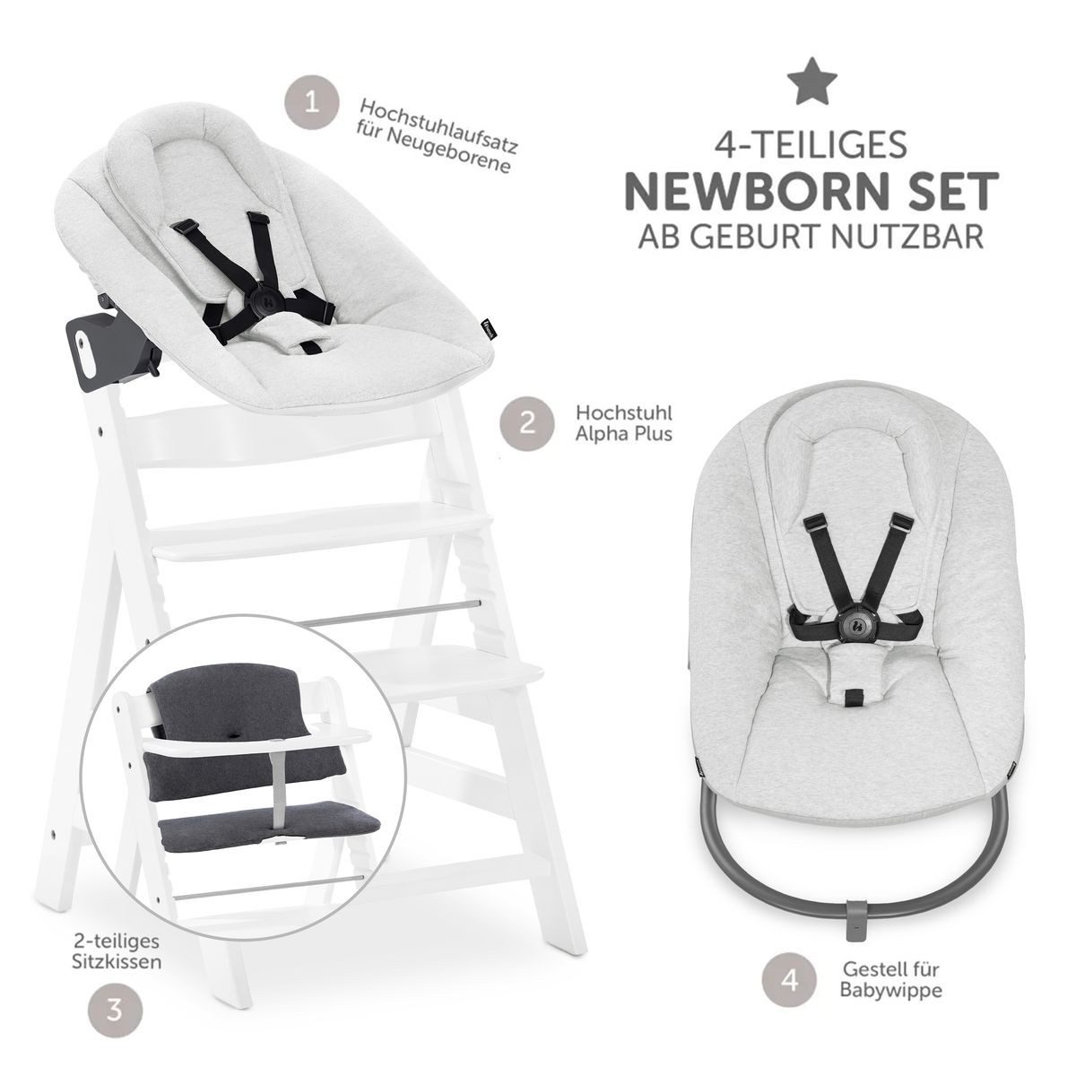 Hauck Hochstuhl Alpha Plus Newborn Set - White, Holz Babyhochstuhl ab Geburt inkl. Neugeborenen Aufsatz & Sitzpolster