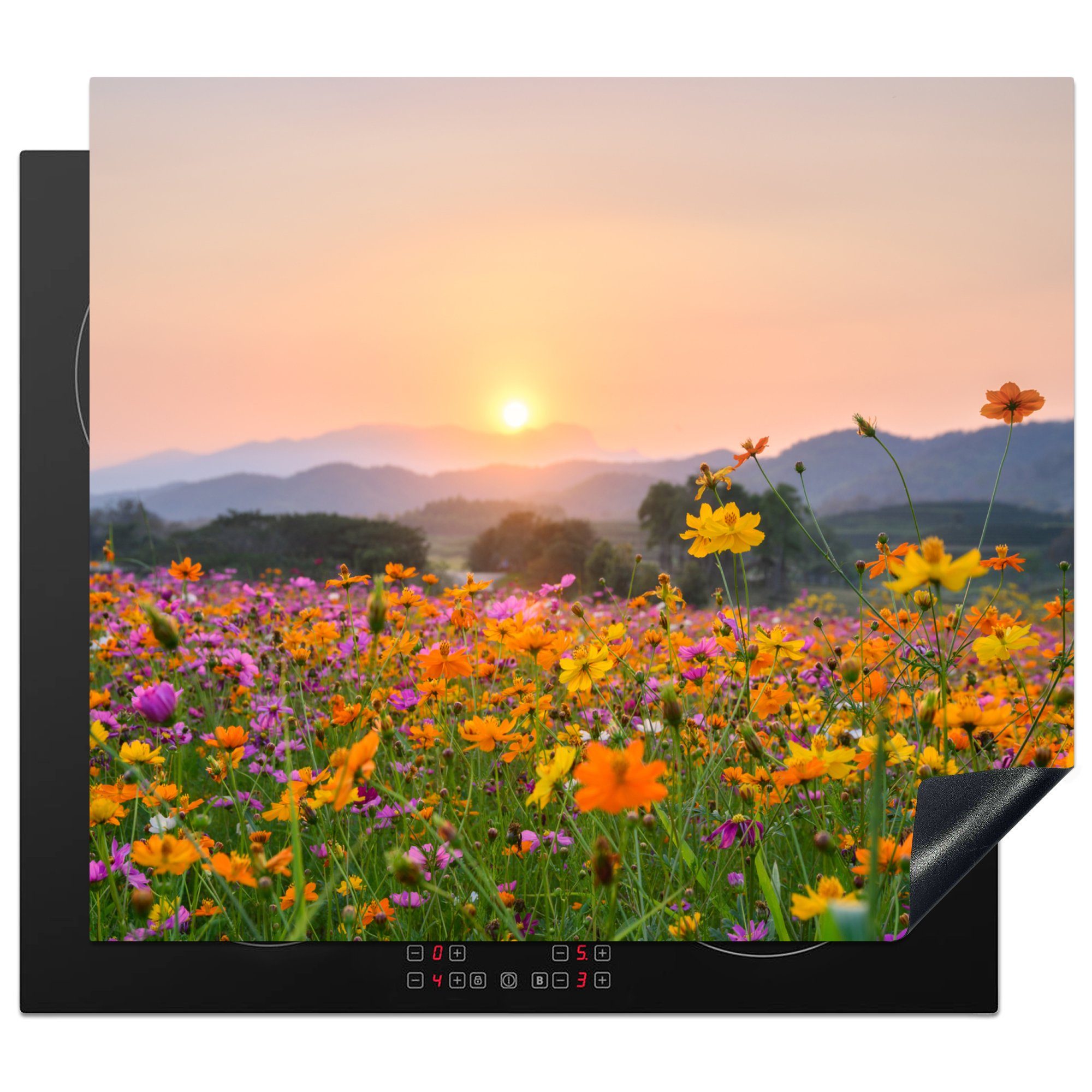 cm, küche, Induktionsmatte Vinyl, - Blumen Sonnenuntergang für Herdblende-/Abdeckplatte - MuchoWow die tlg), Berg, 59x52 (1 Ceranfeldabdeckung