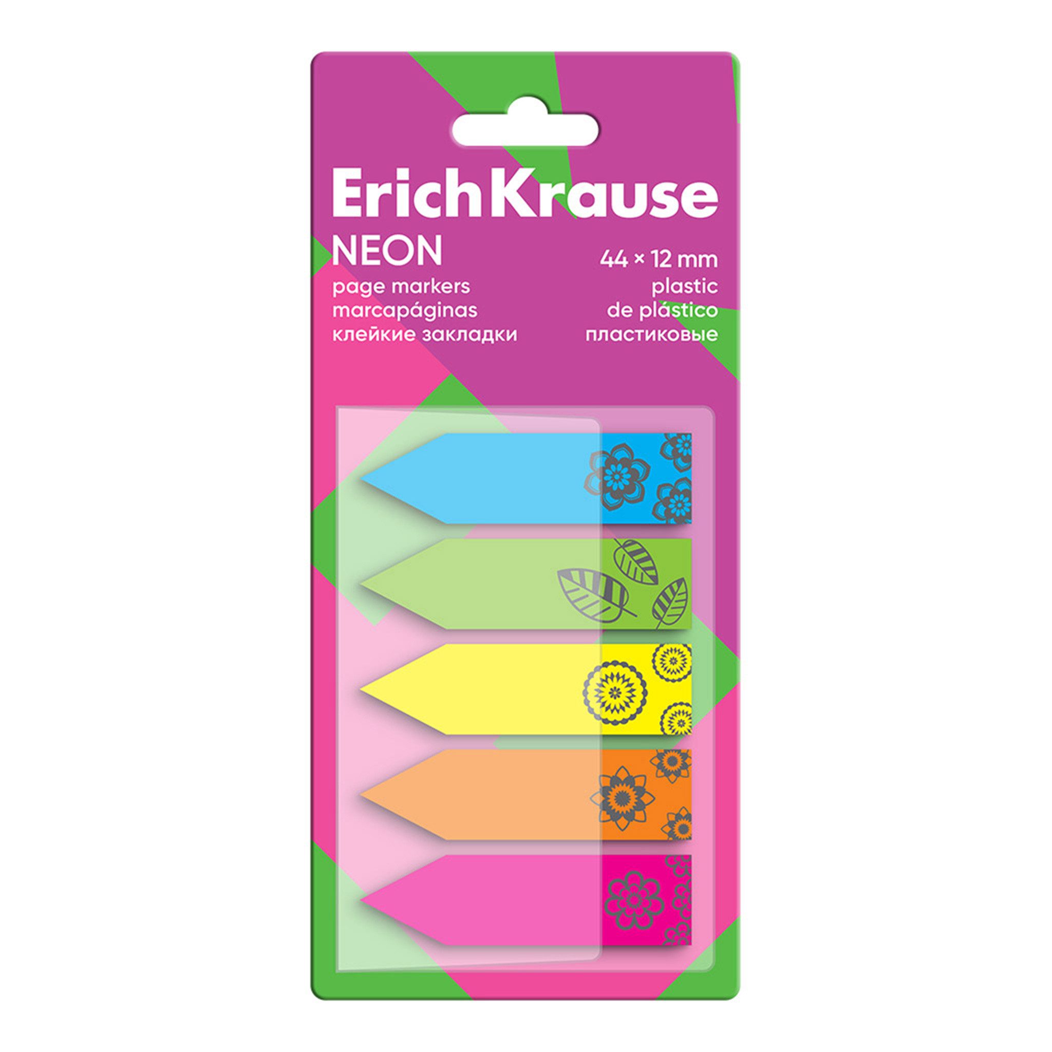 Erich Krause Haftnotizblock, Seitenmarker 12mm Neon Plastik beschriftbar & wiederablösbar 100 Blatt