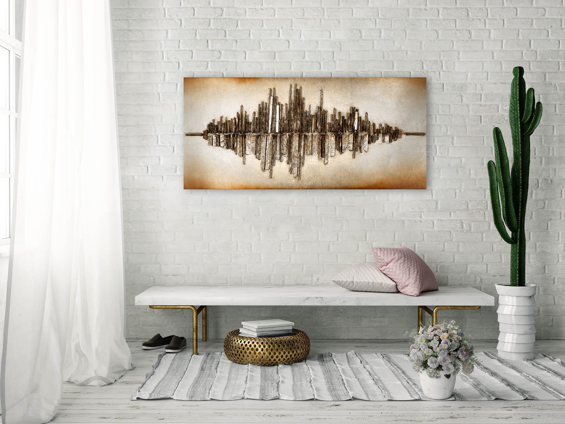 KUNSTLOFT Holzbild Frequency 1001 cm, Holz aus handgefertiges goldfarben Wandbild 120x55