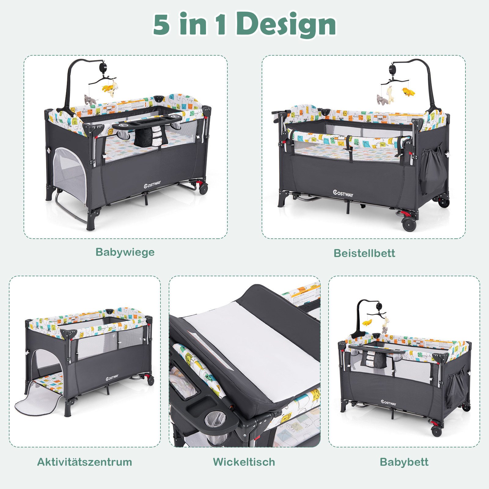 COSTWAY Baby-Reisebett 5 in1 Beistellbett, mit Matratze, höhenverstellbar