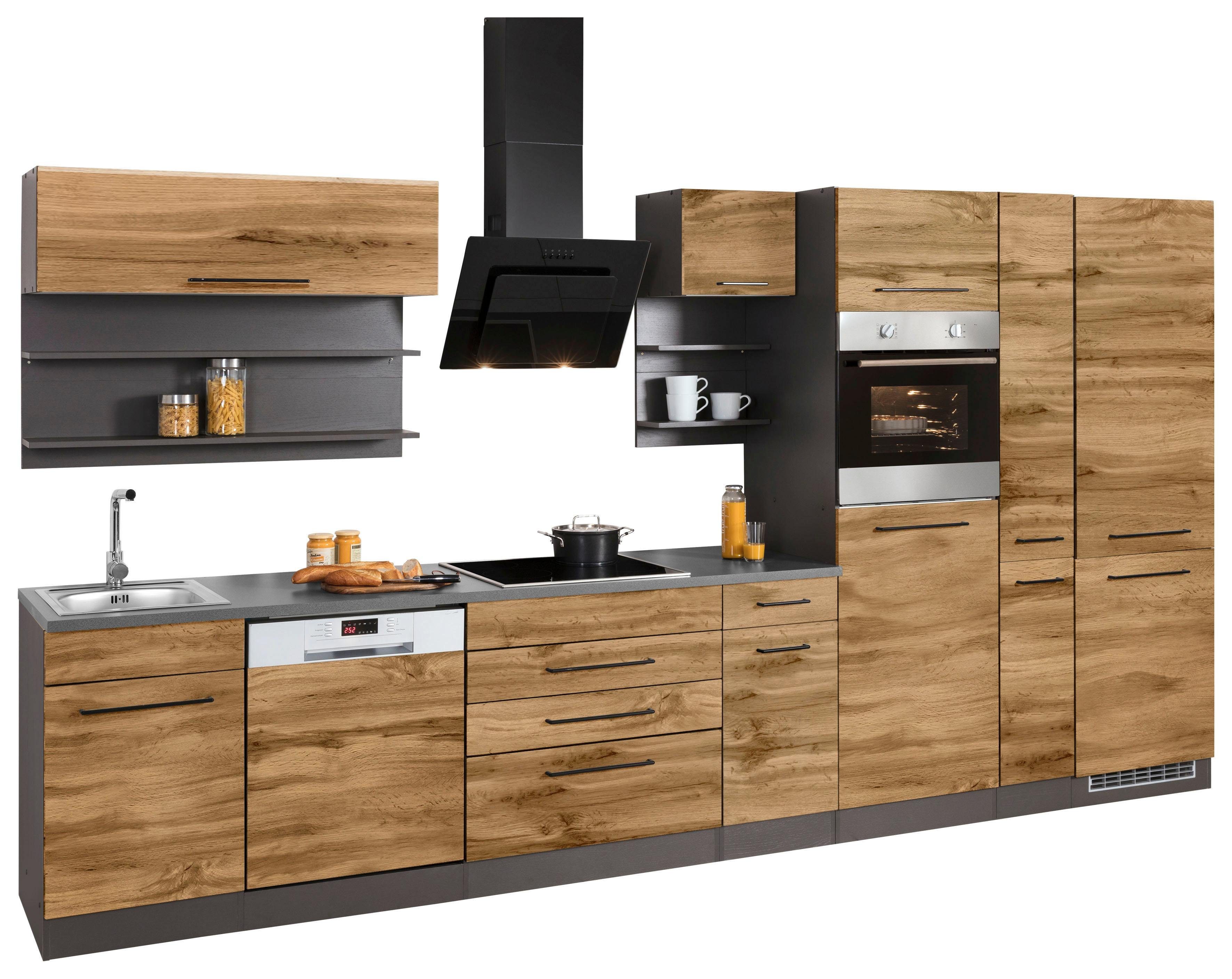 KOCHSTATION Küchenzeile KS-Tulsa, mit E-Geräten, Breite 380 cm, schwarze Metallgriffe, MDF Fronten