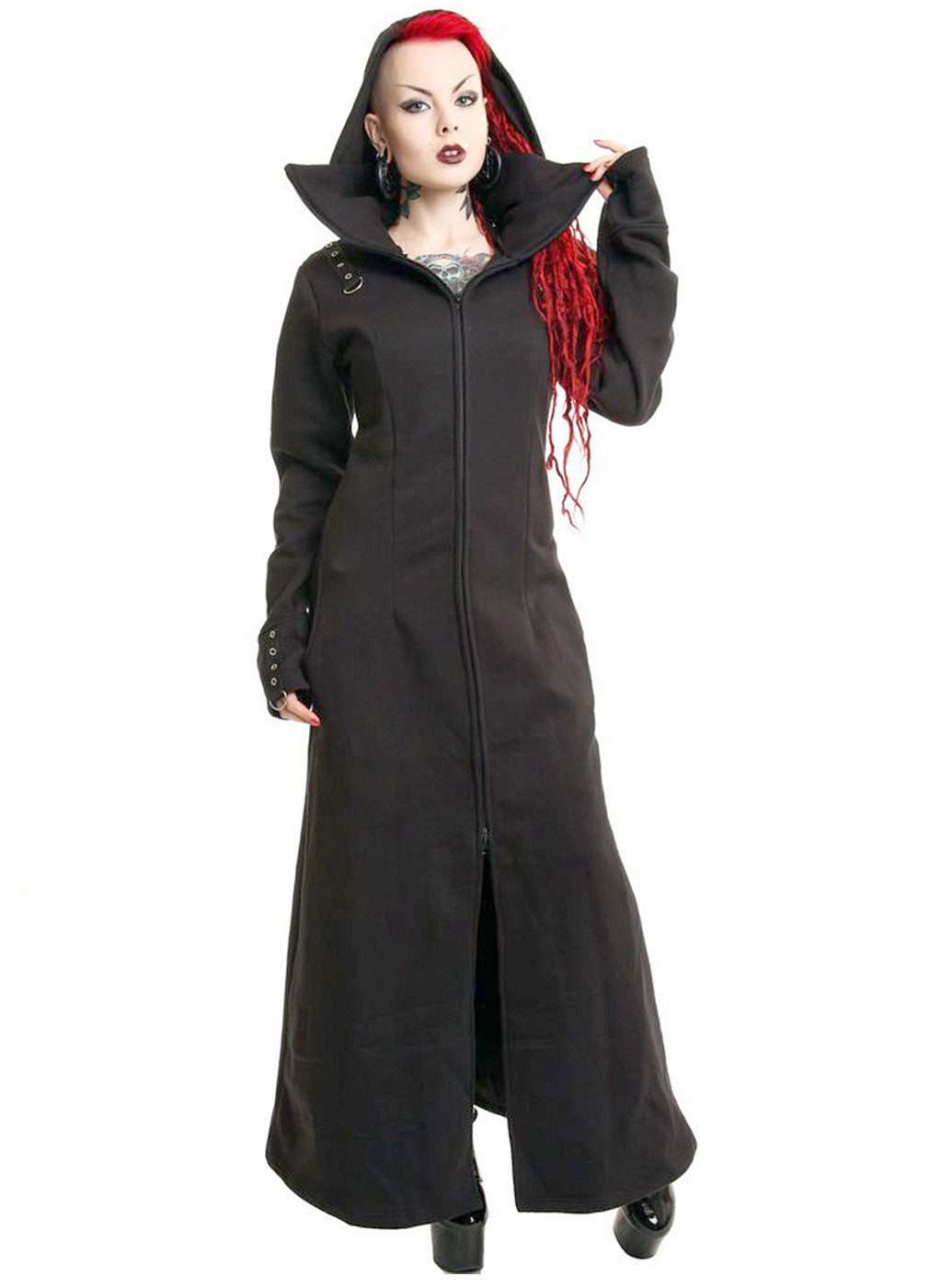 Poizen Industries Wintermantel Raven Maxi Coat Fleece Gothic Schnürung Fleece Sweatmantel Gothic Schnürung