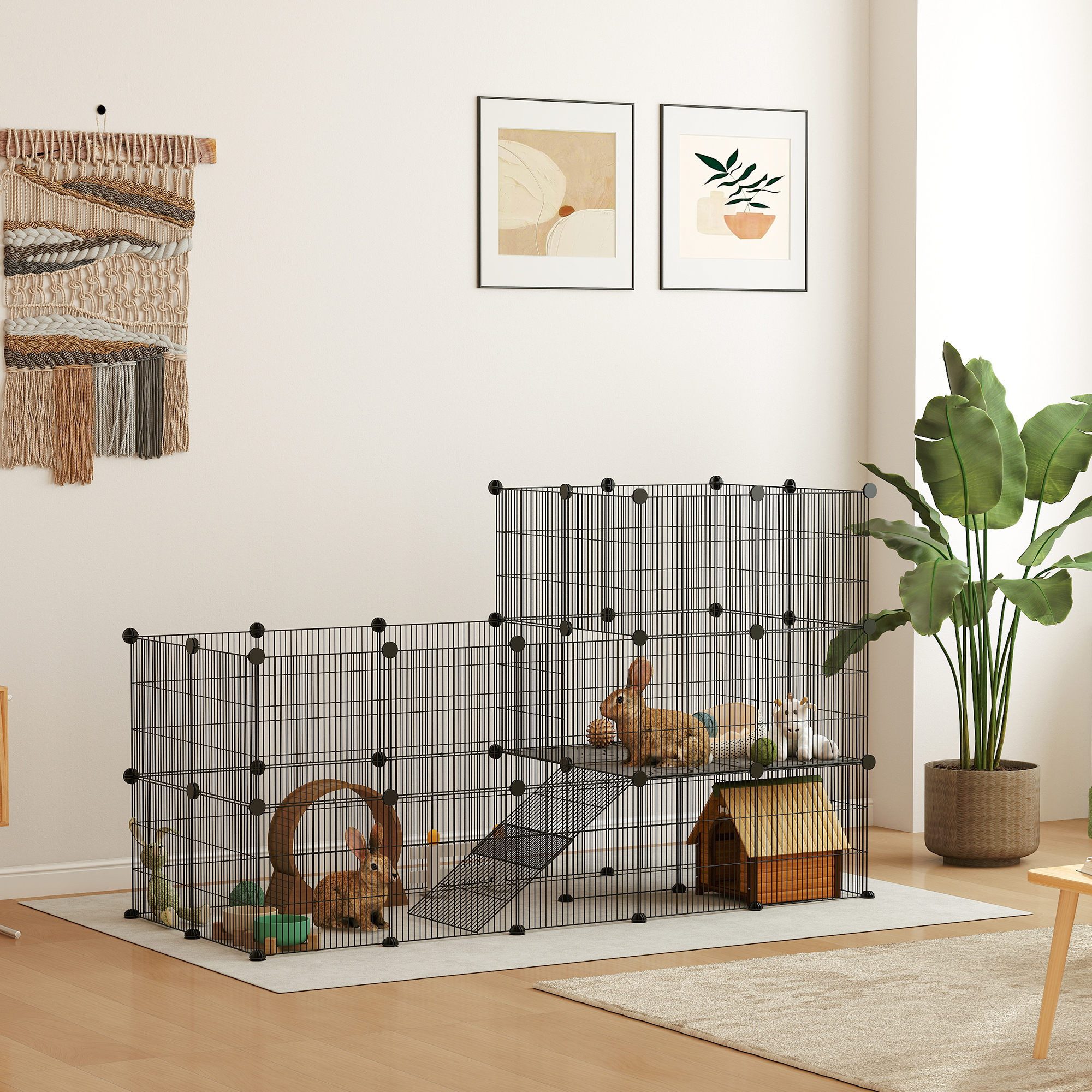 PawHut Kleintierkäfig Kleintiergehege mit 39 Platten Freigehege mit Rampe DIY Gittergehege, Kleintiere öffenbar Schwarz 140 x 70 x 105 cm