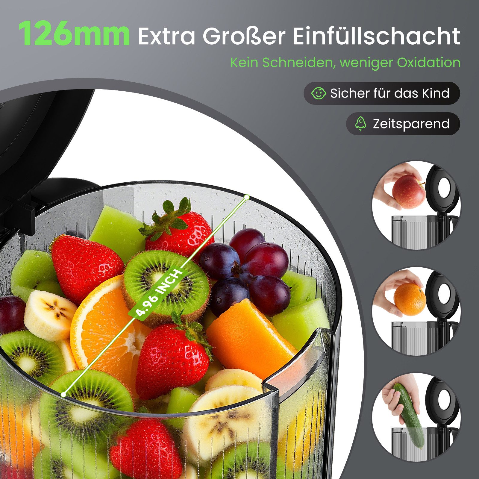 HOMELUX Entsafter Slow Juicer 126MM Öffnung für Ganze Gemüse Früchte mit 2 Tassen Bürste, 220 W, BPA-Frei, Hohe Saftausbeute, Erhalt der Nährstoffe