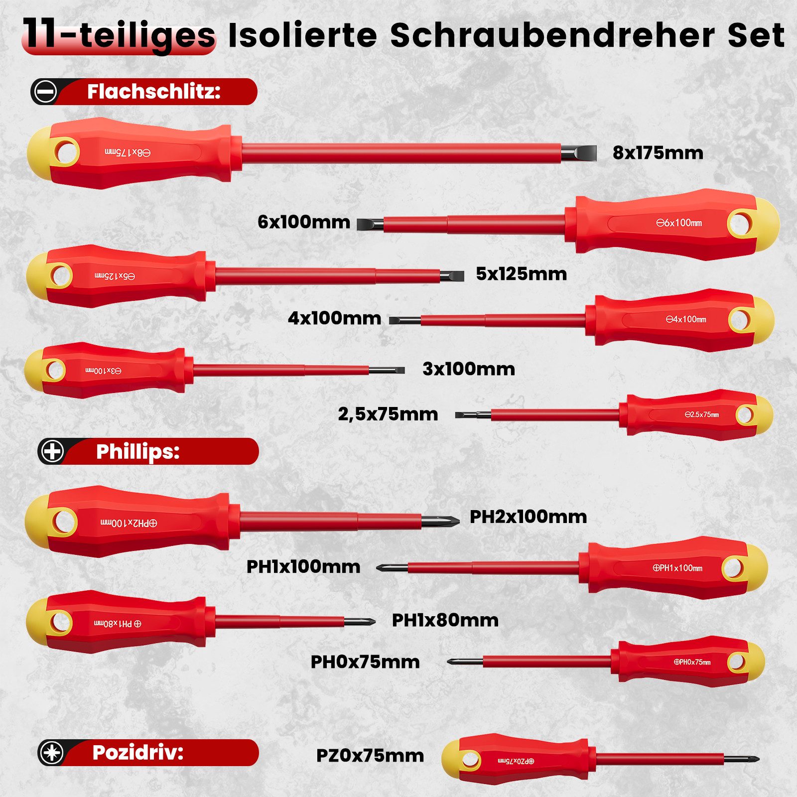 Walter Stahl Germany control Schraubendreher 11-teilig Isoliertes Elektriker-Schraubendrehersatz, (Set, 11 St., 11-teiliges lsolierte Schraubendreher set), rutschfeste griffe, magnetische Spitzen und professioneller Koffer