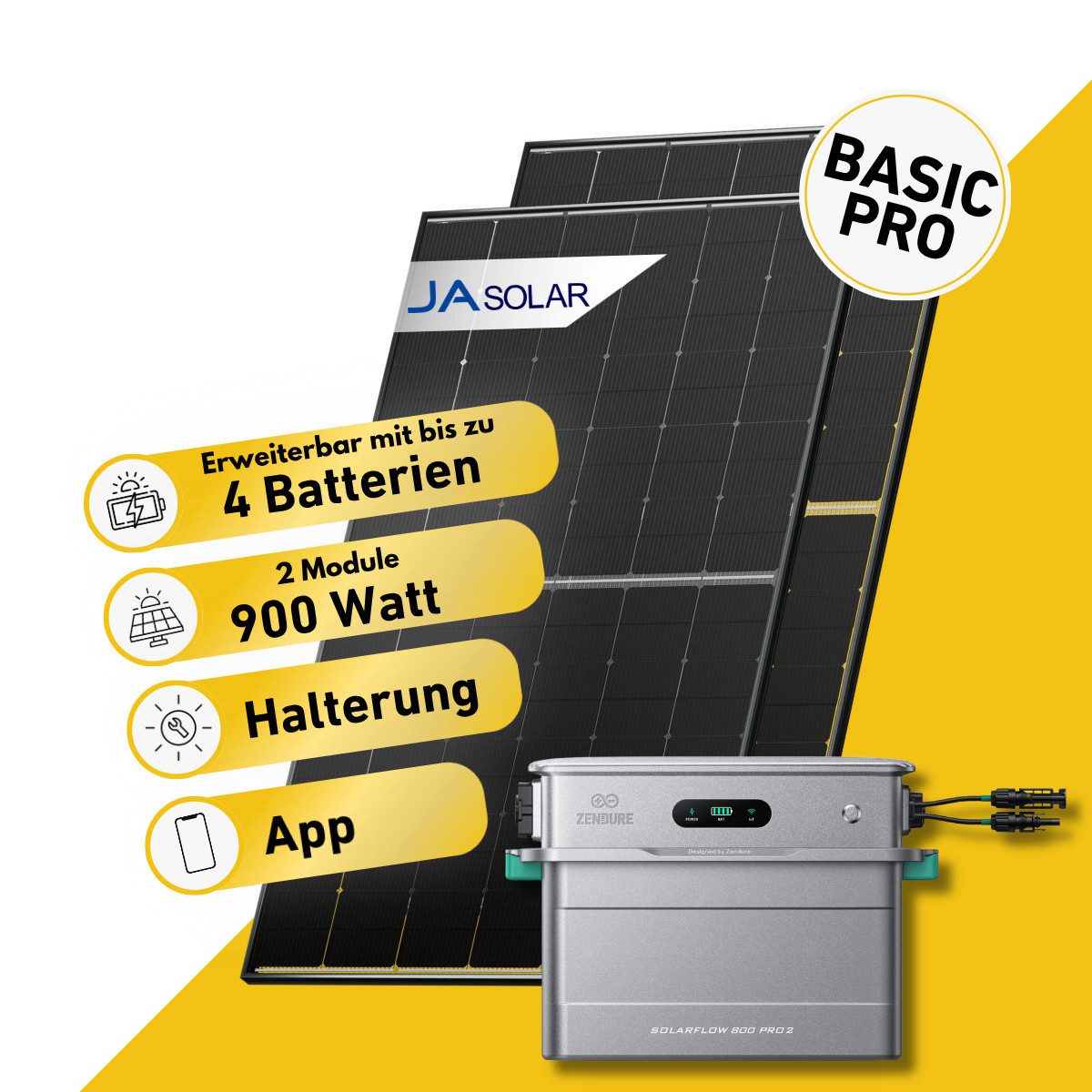 Balkonstrom Balkonkraftwerk Basic Pro 900W Solaranlage mit Speicher Komplettset Bifazial, 900 W, Monokristallin, (2x JA Solarmodul á 450 Watt, 1x Zendure SolarFlow 800 Pro 2, 1-4 Zusatzspeicher AB2000X), Halterung für Dach, Fassade, Balkon & Garten, App & Plug&Play DE