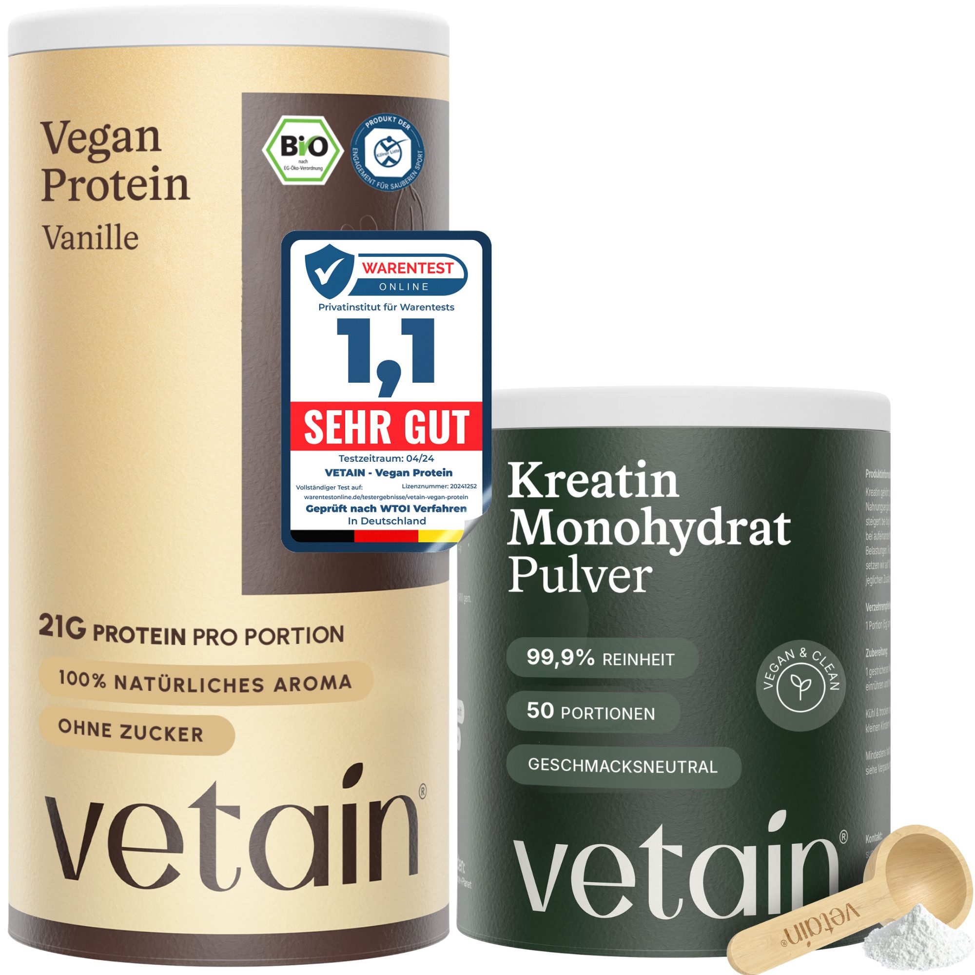 VETAIN Vegan Protein Pulver + Kreatin Monohydrat Bundle Pulver, 100% Bio, Vegan, Ohne künstliche Süßungsmittel, Fermentiert
