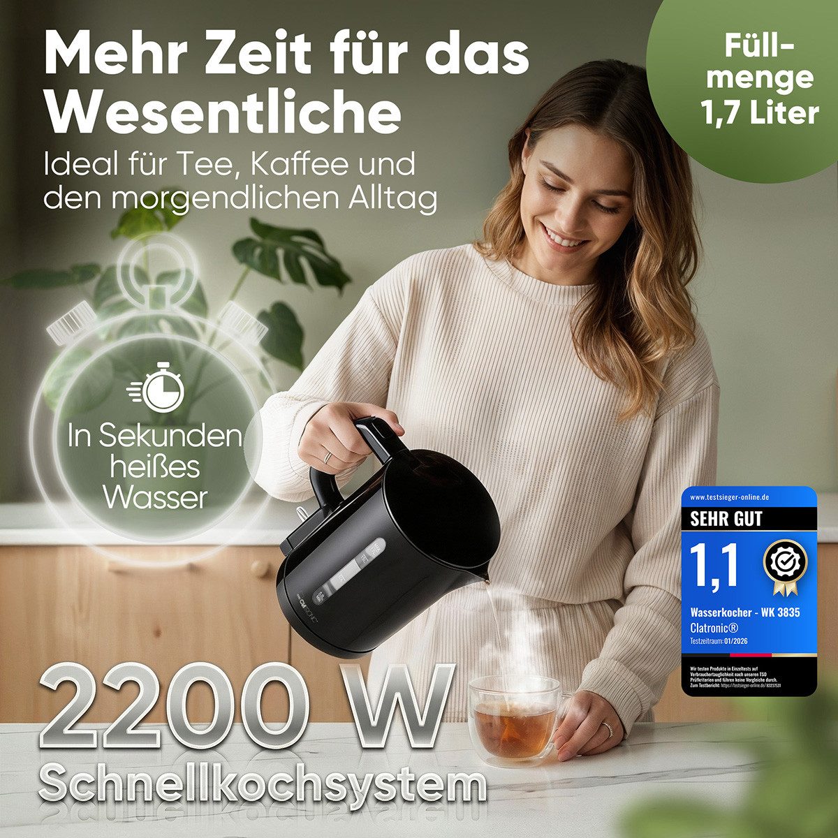 CLATRONIC Wasserkocher WK 3835, Wasserkocher 1,7L, 2200W, Einhandbedienung