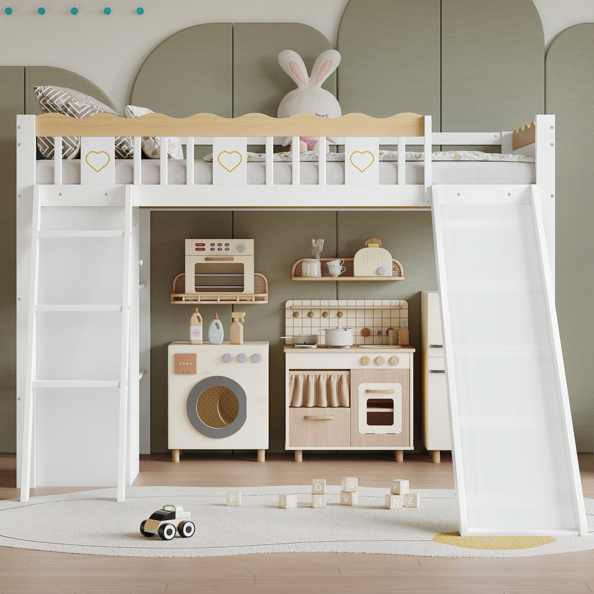 Flieks Hochbett Kinderbett 90x200cm mit Rutsche, Leiter, Kleiderschrank und Regal
