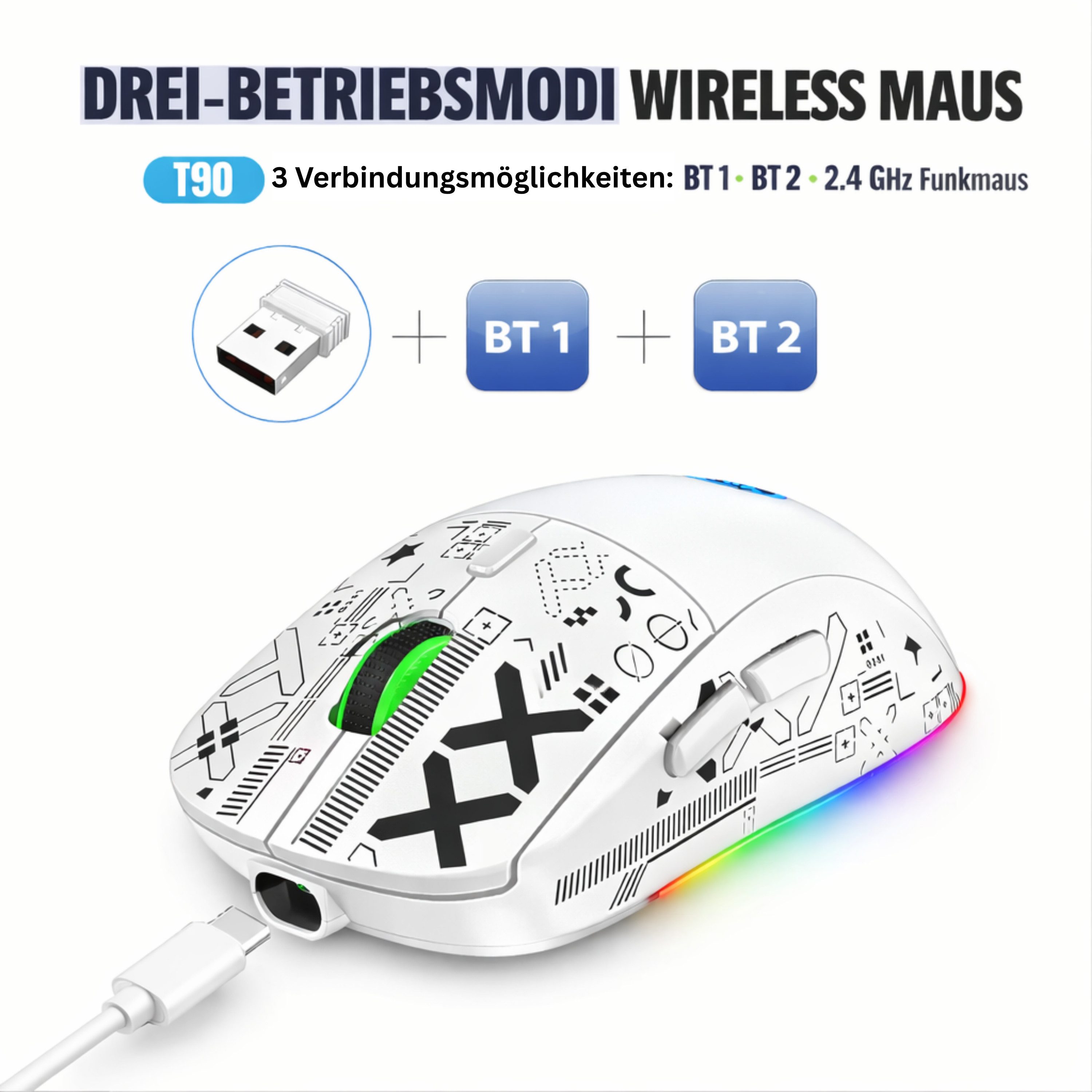 RUHE RGB Gaming Maus Kabellos Wireless Leise Maus Beleuchtung Plug & Play Gaming-Maus (Bluetooth, Funk, kabelgebunden, 3 Geräte Verbindung, Drahtlos, Optische Maus, 3600 dpi, 10M Einstellbar DPI Schwarz Weiß 6 Tasten für Laptop/PC/Mac/Computer)