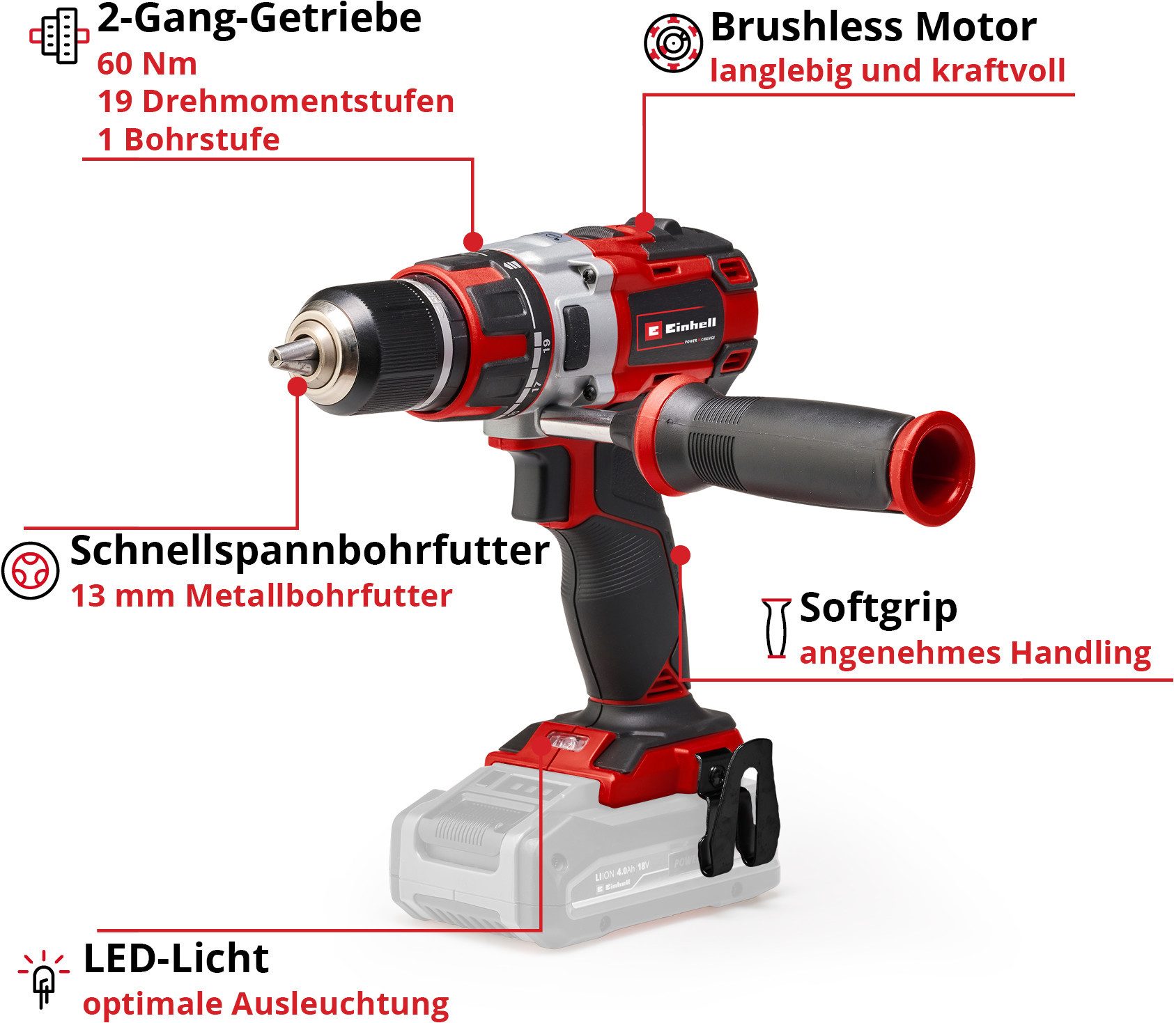 Einhell Akku-Bohrschrauber TE-CD 18 Li Brushless - Solo, max. 1800 U/min, Power X-Change, ohne Akku und Ladegerät