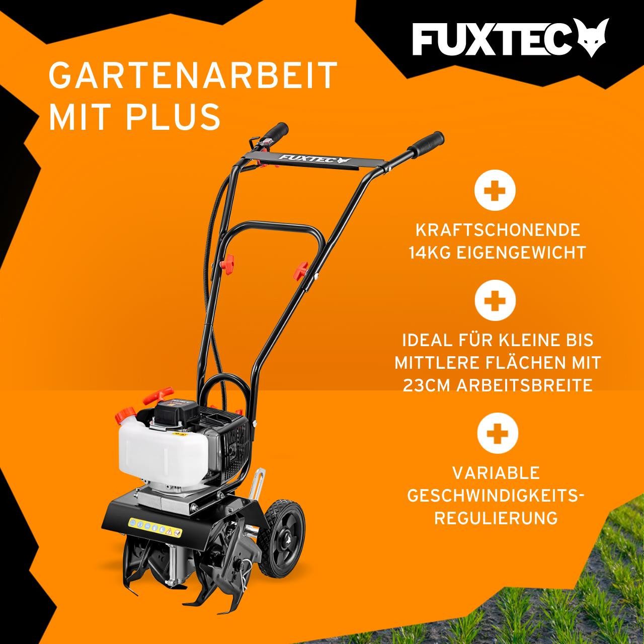 FUXTEC Benzinmotorhacke FX-AF152, 23 cm Arbeitsbreite, 23 cm Arbeitsbreite, 2-Takt Motor, Fräswerkzeughöhe von 70 mm, 14 kg