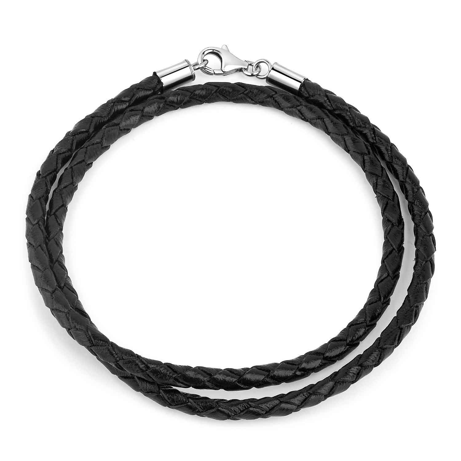 Materia Wickelarmband Unisex Leder geflochten Schwarz 34-44cm A35, Verschluss aus 925 Sterling Silber