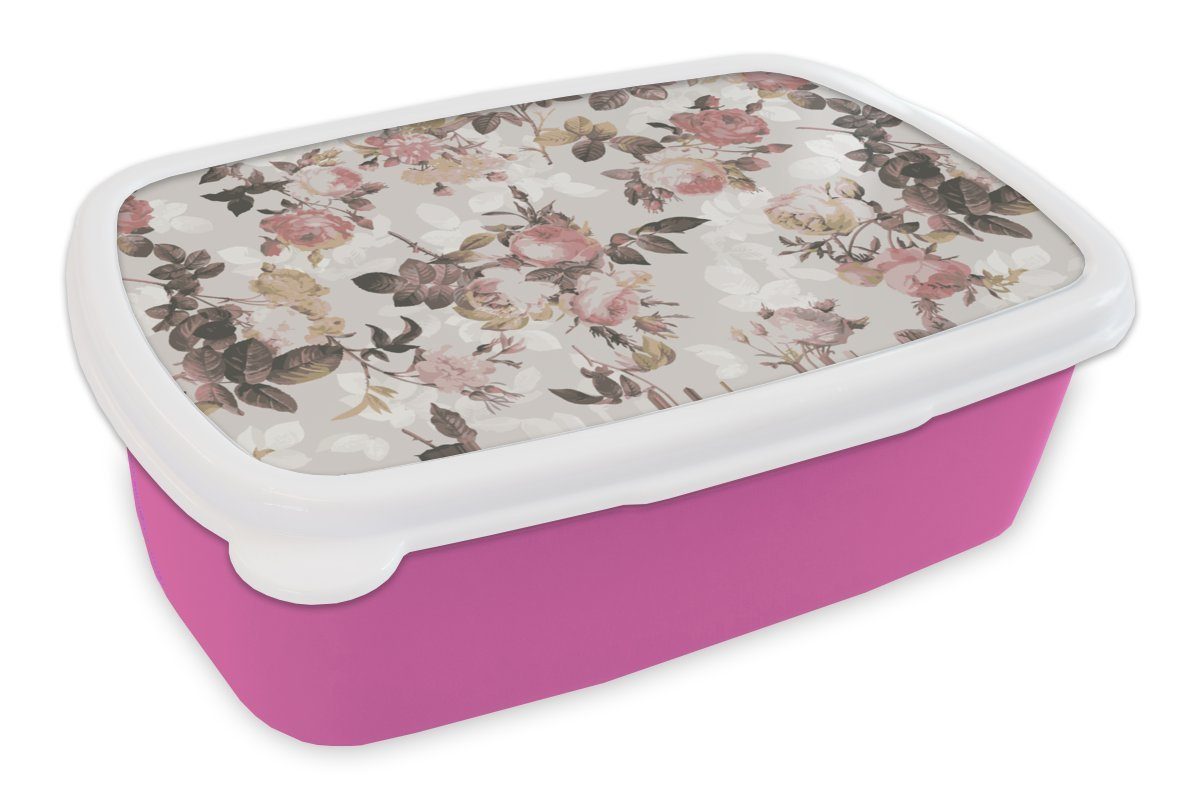 MuchoWow Lunchbox Muster - - Kinder, Blume Kunststoff, Erwachsene, Brotdose Brotbox (2-tlg), für Rosa, Kunststoff Mädchen, Snackbox