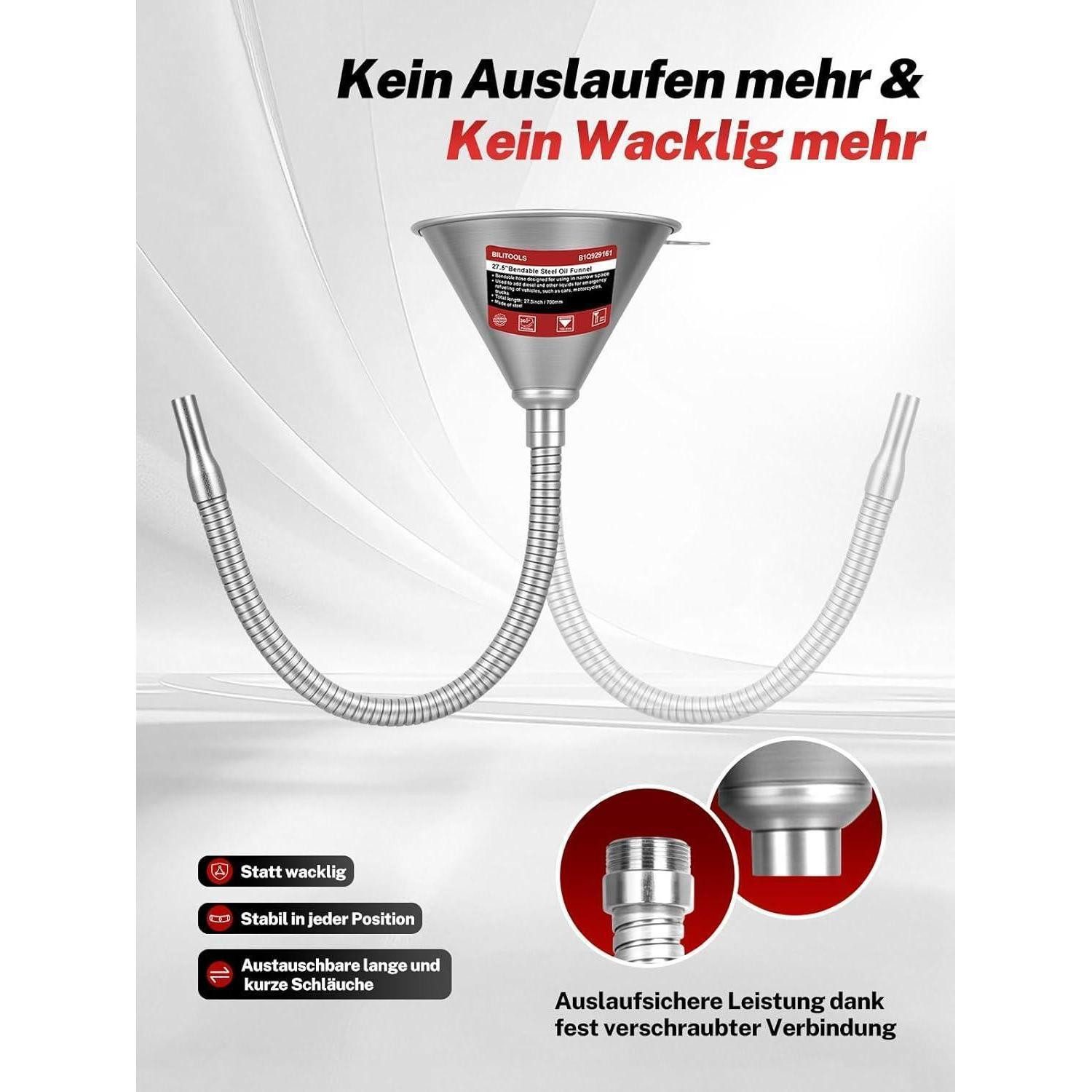 LuxusKollektion Öltrichter Öltrichter Schlauch Sieb KFZ Motor 3-Piece Steel & PVC Oil Funnel Kit