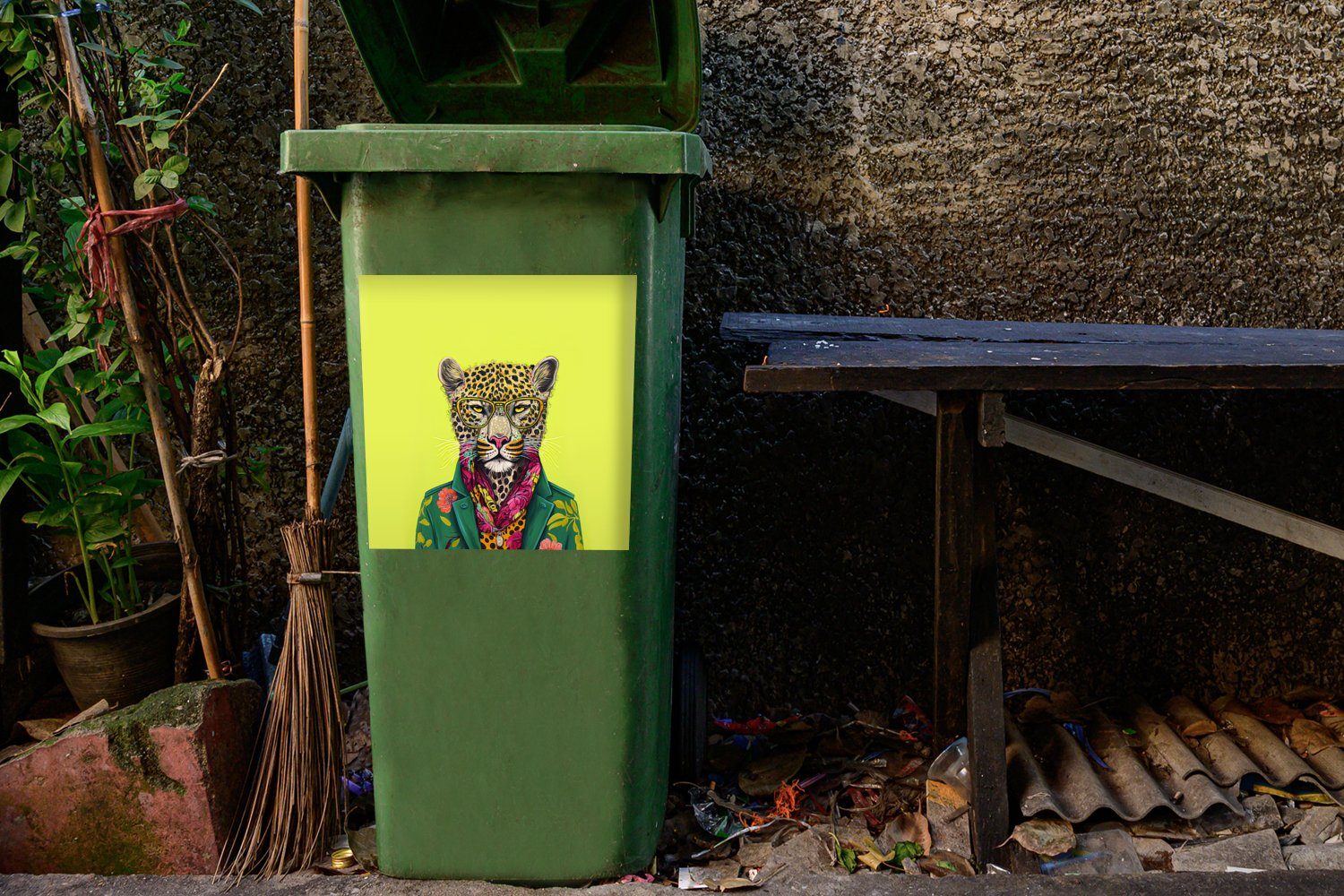 Container, St), Sticker, - Wandsticker - MuchoWow Abfalbehälter Mülleimer-aufkleber, - Brillen (1 Panther Tier Mülltonne, Farben