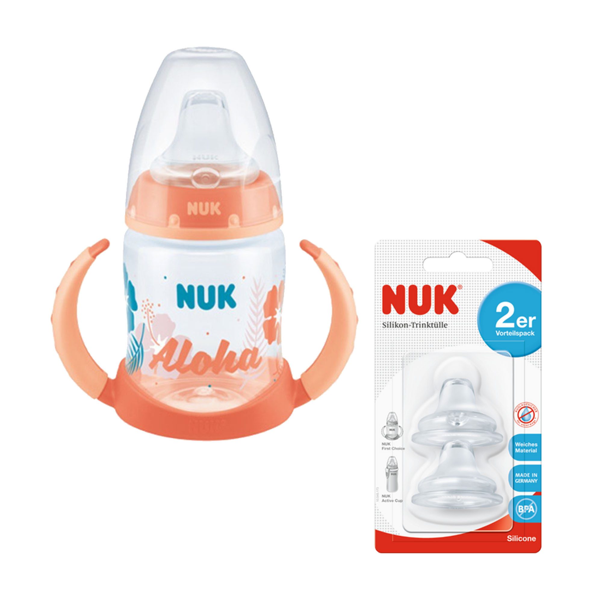 Babyflasche NUK Trinklernflasche/Becher mit 2er Trinktülle aus Silikon set
