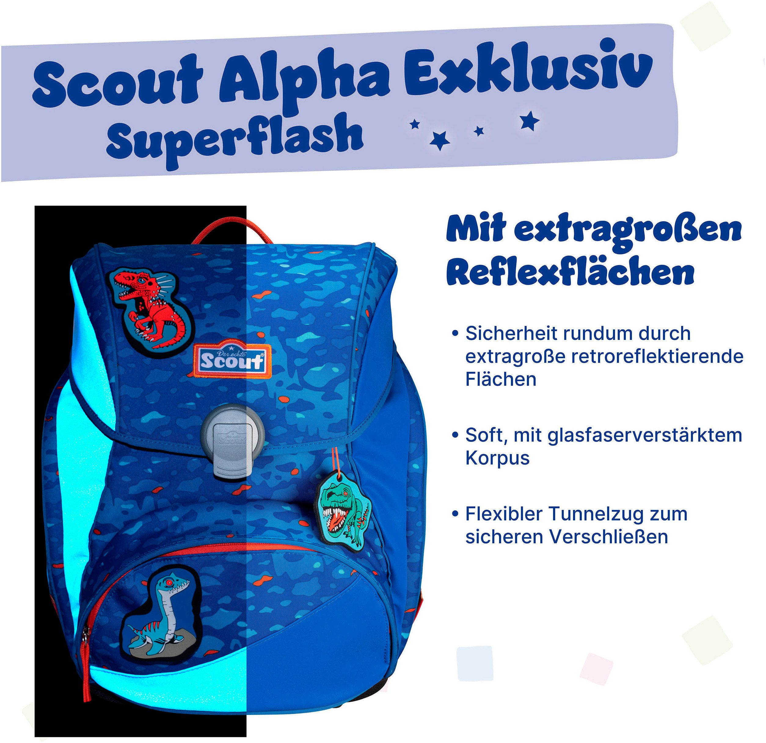 Scout Schulranzen Alpha Superflash, Blue Dino (Set, 4-tlg), mit retrorefl. Flächen & 2 Funny Snaps; enthält recyceltes Material