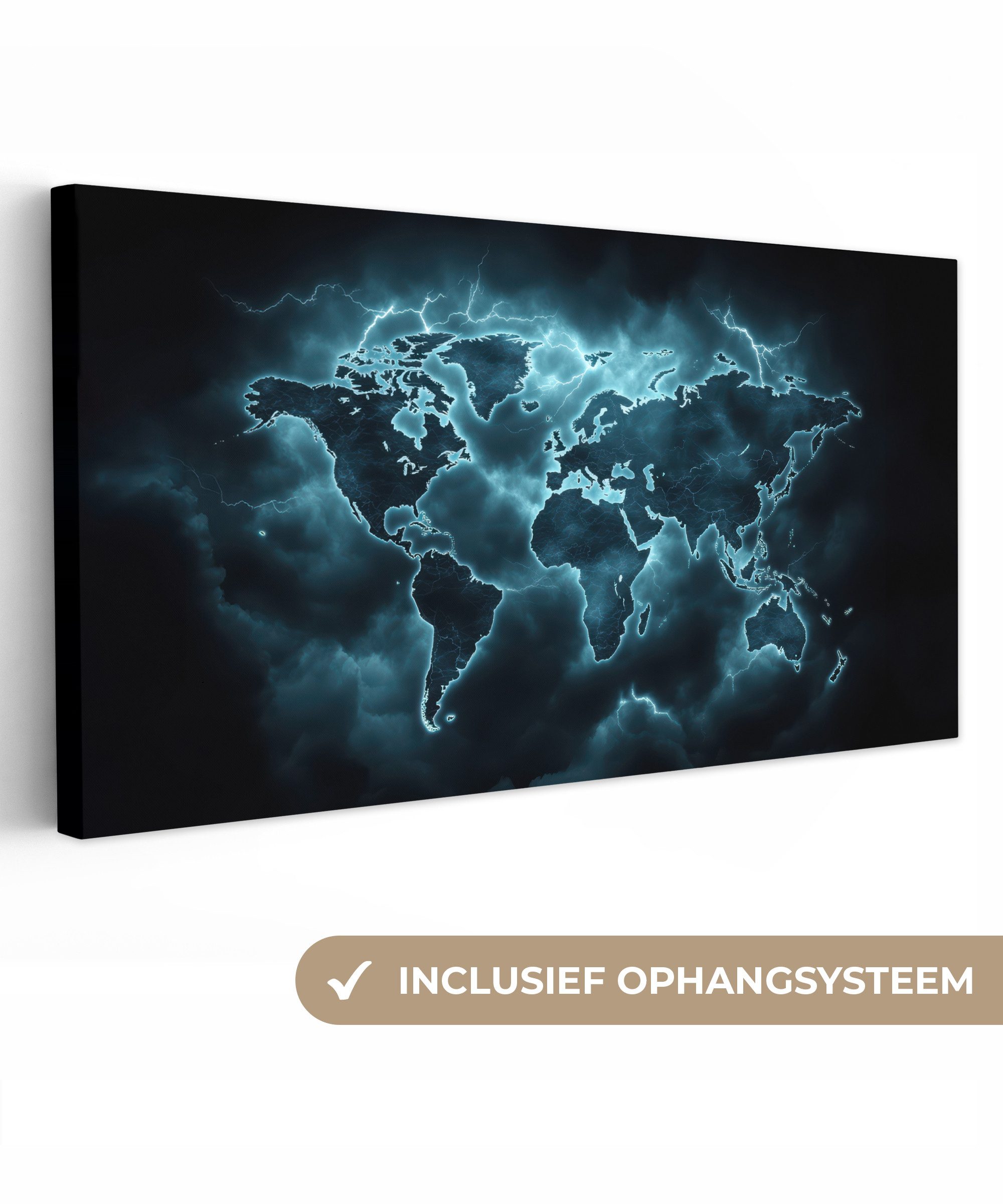 OneMillionCanvasses® Leinwandbild Panorama Weltkarte - Blitz - Blau, Fotodruck (1 St), Wandbild, Deko Schlafzimmer Wohnzimmer Flur 40x20 cm