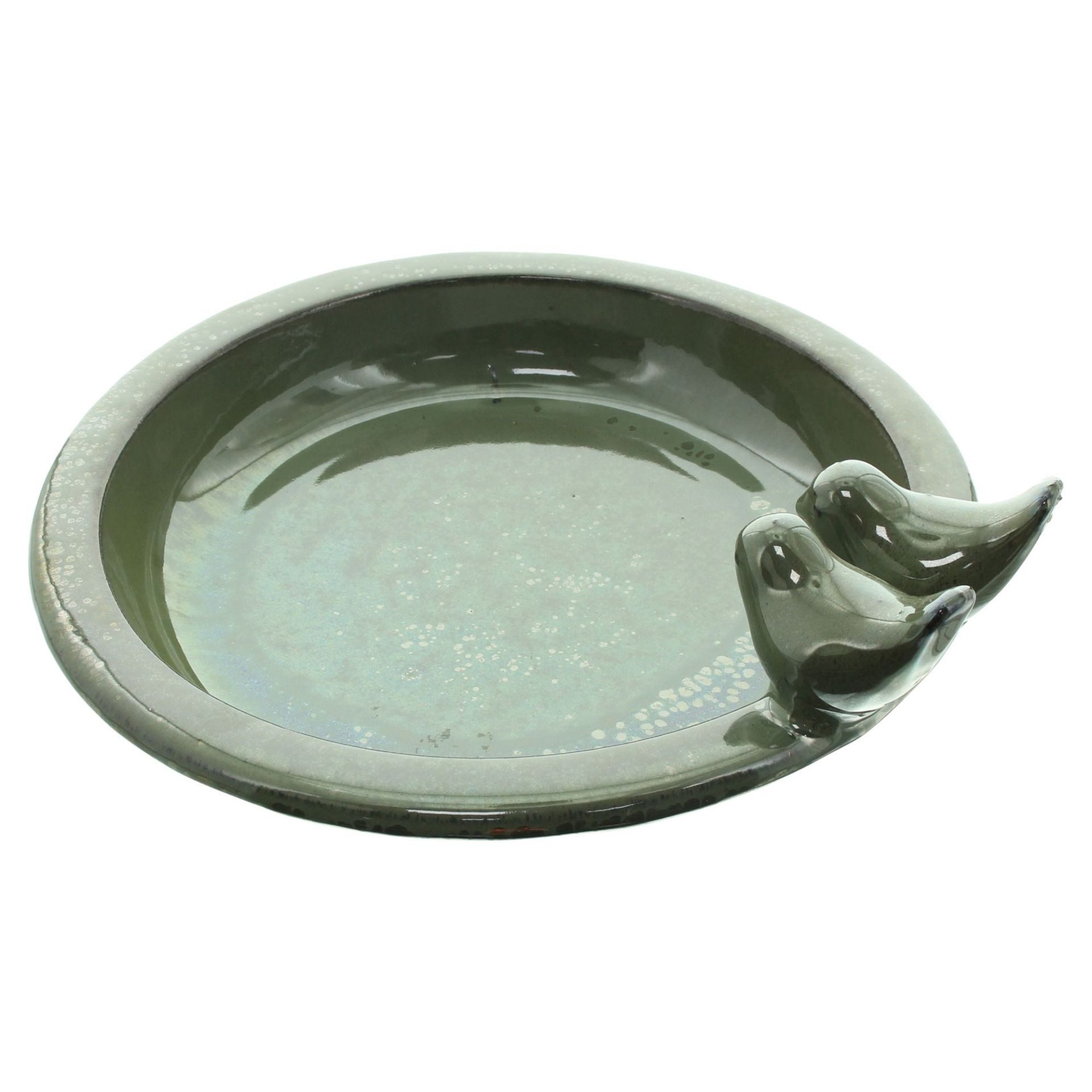 Dekoleidenschaft Vogeltränke "Oliv" Terracotta grün glasiert, Vogelbad, Wasserschale, Wassertränke, rund Ø 30 cm