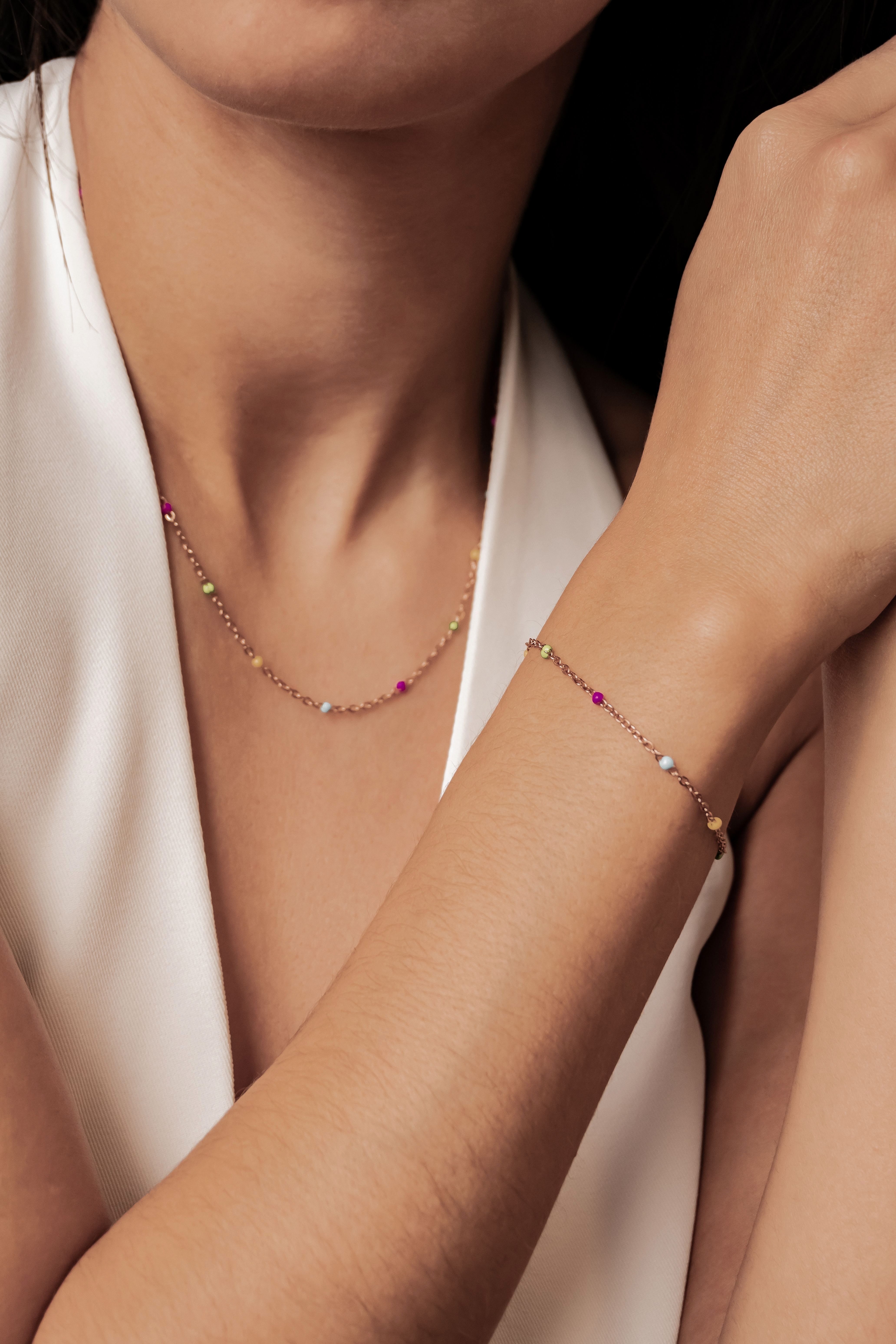 Hey Happiness Schmuckset Sommerfarben Filigranes Schmuckset, Kette & Armband Damen Edelstahl wasserfest mit bunten Perlen