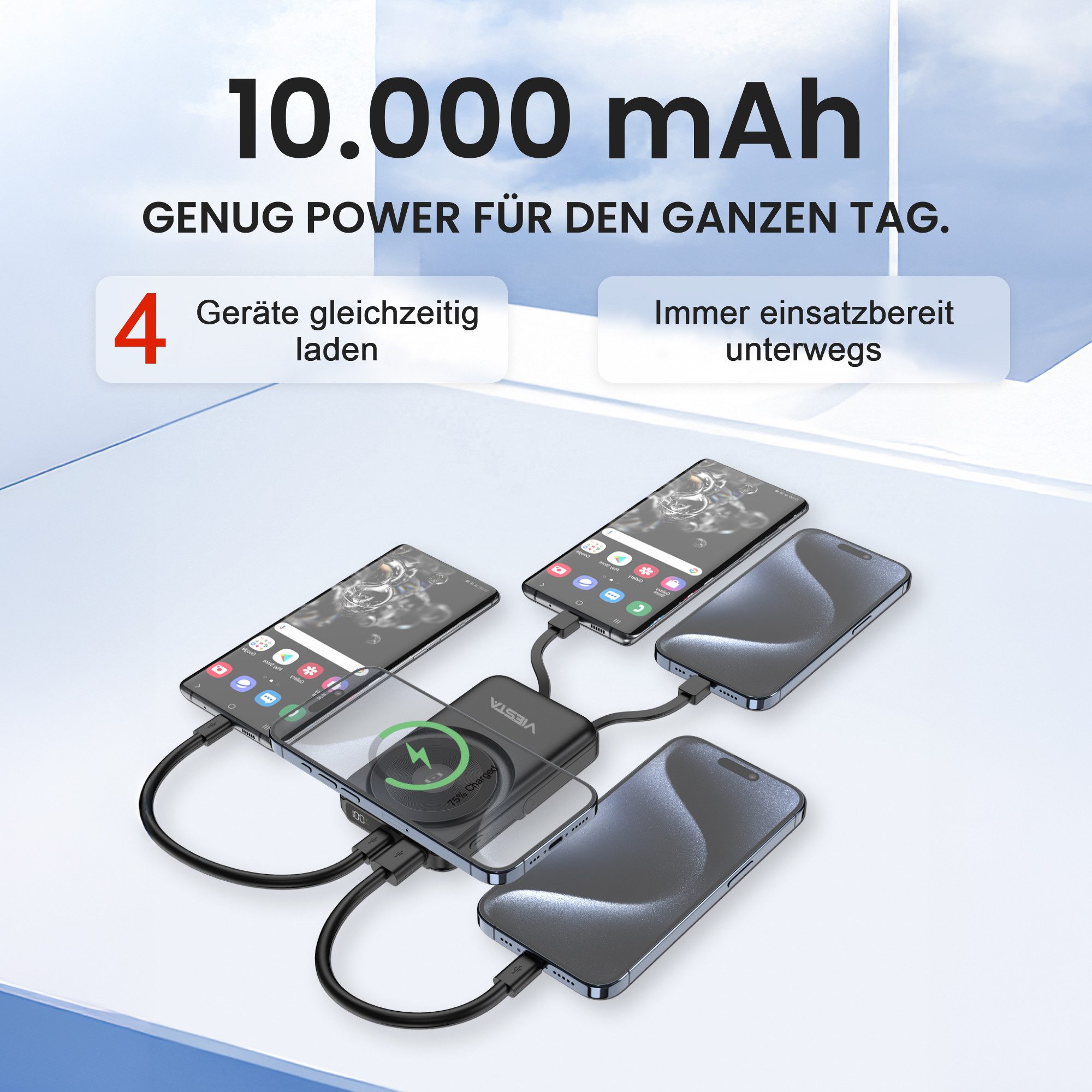 VIESTA ALL-IN-ONE Powerbank 10.000 mAh Schwarz Powerbank, Apple Watch Charger,integrierte Kabel USB-C & Lightning,LED-Display