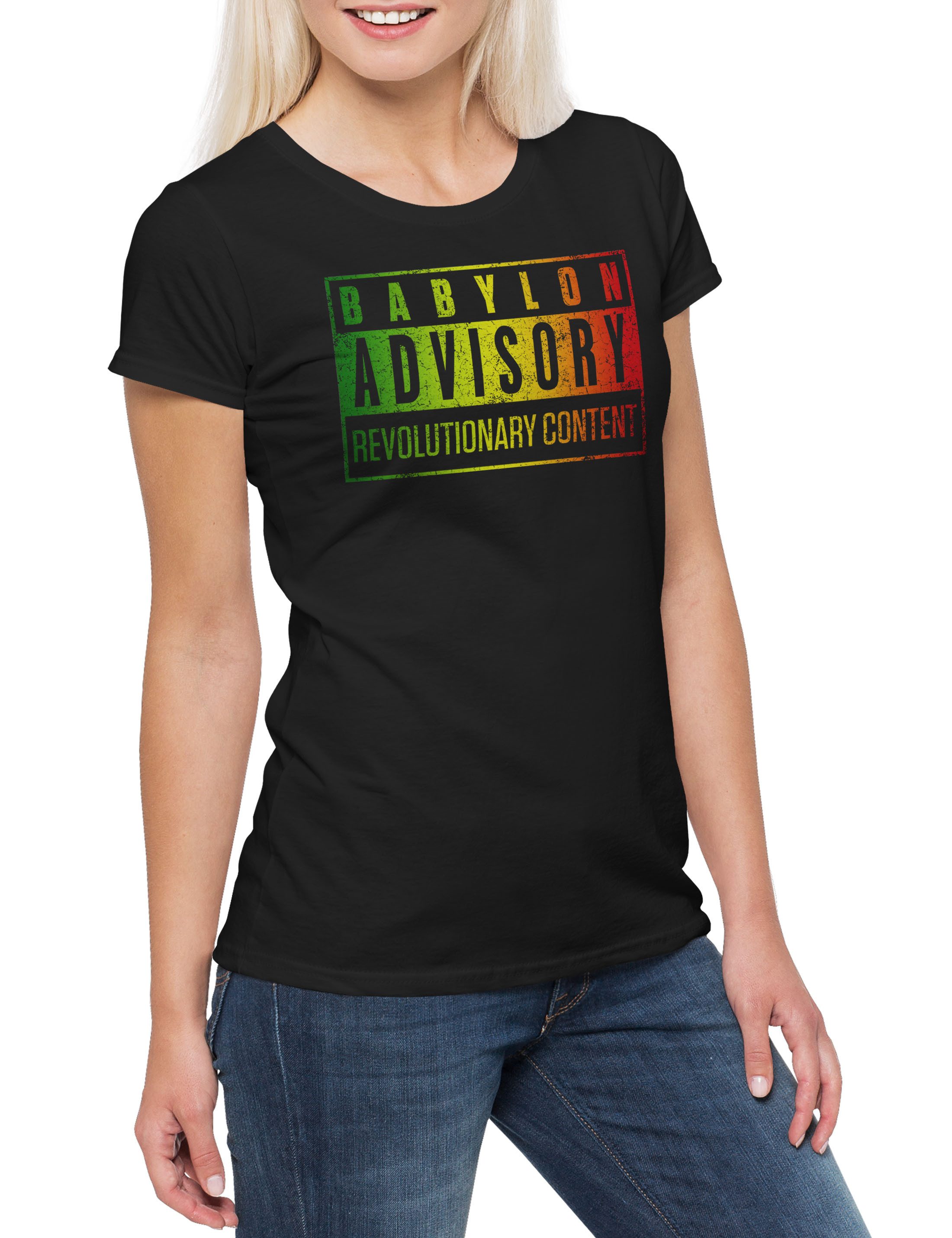 Print-Shirt Babylon Advisory Damen T-Shirt Zion Music Babylon Musik Babylon Jah