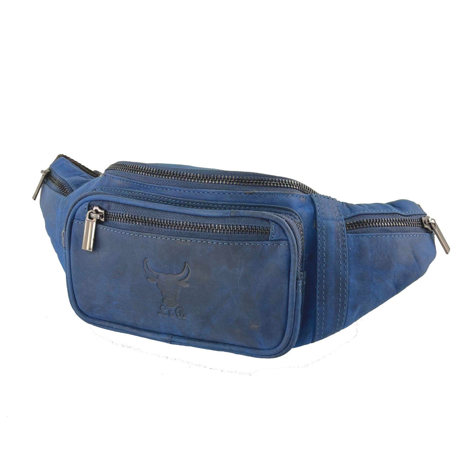 Buffalo Hill Bauchtasche Echtleder, Vintage Umhängetasche mit Reißverschlüssen >BT-09<, elegante Brusttasche aus Büffelleder in Blau