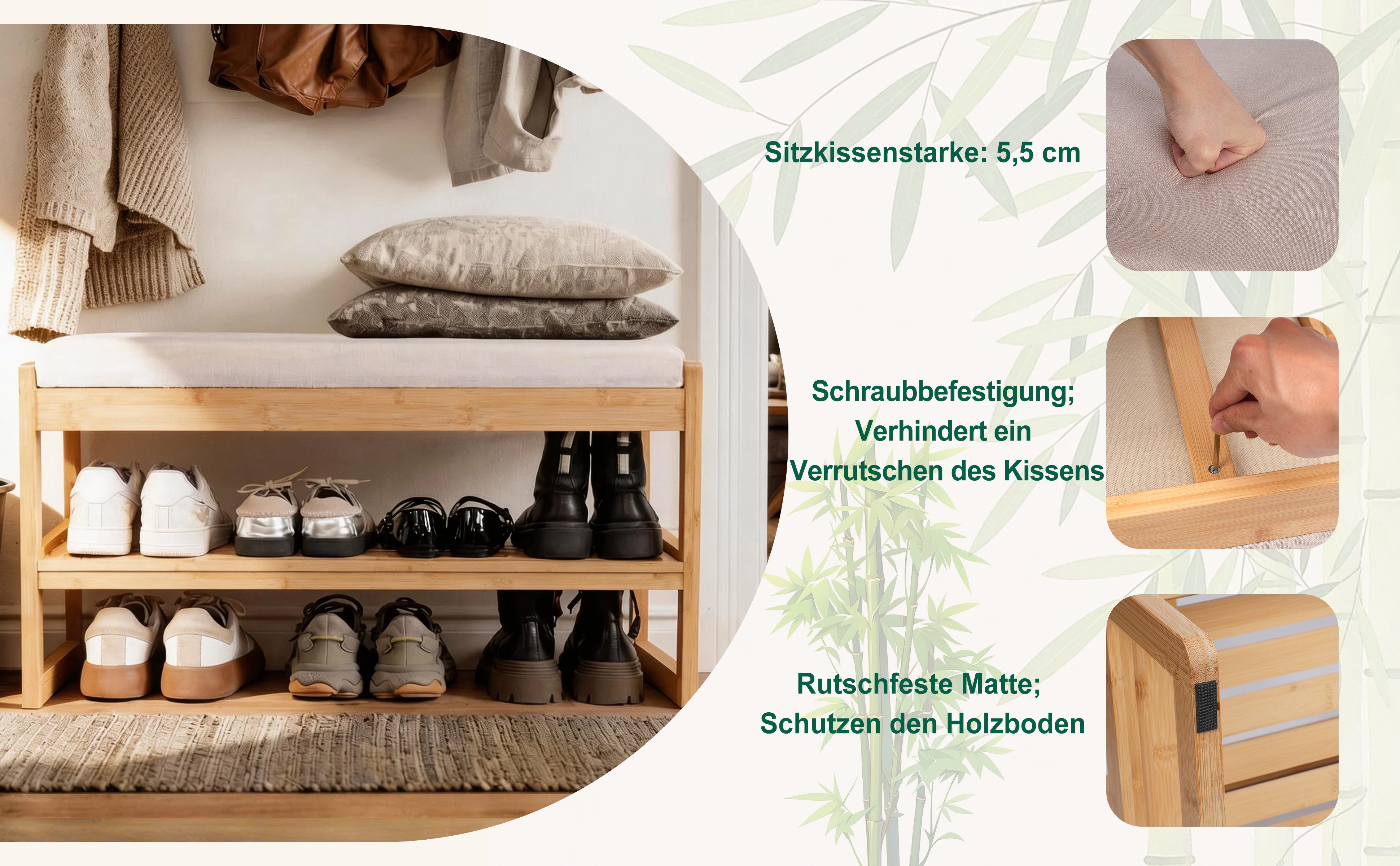 Zedelmaier Schuhbank mit Sitzbank Schuhregal mit Sitzbank (incl. seat cushion), inkl. Sitzkissen, für Schlafzimmer/Esszimmer/Flur – Bild 2 von 5