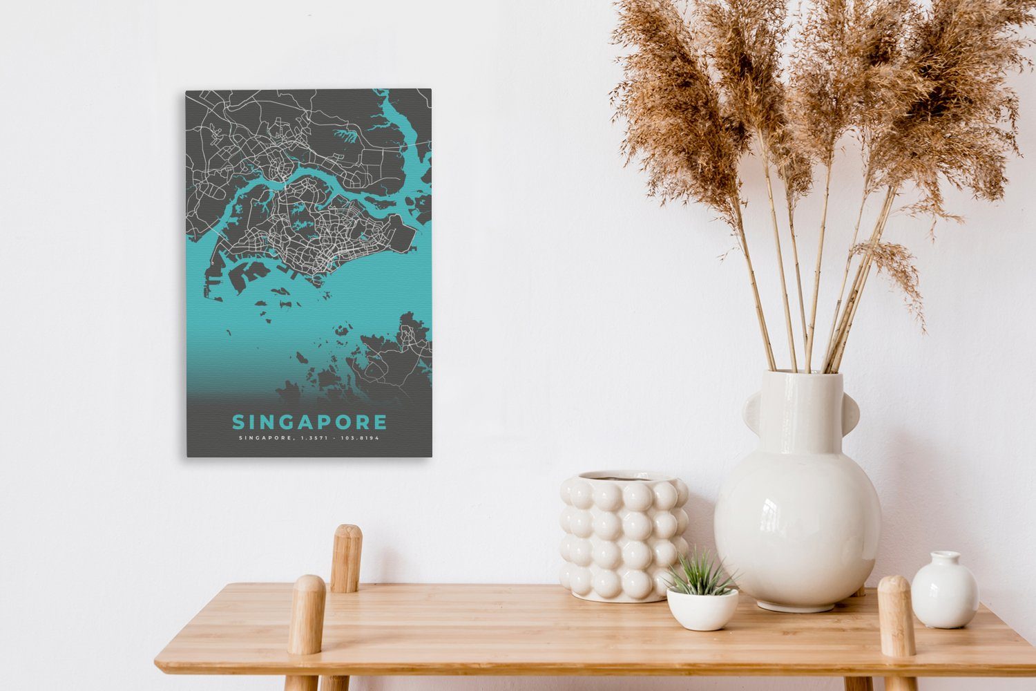 - Leinwandbild - Zackenaufhänger, Karte, fertig - bespannt cm inkl. Leinwandbild Gemälde, Blau St), Stadtplan OneMillionCanvasses® 20x30 Singapur (1