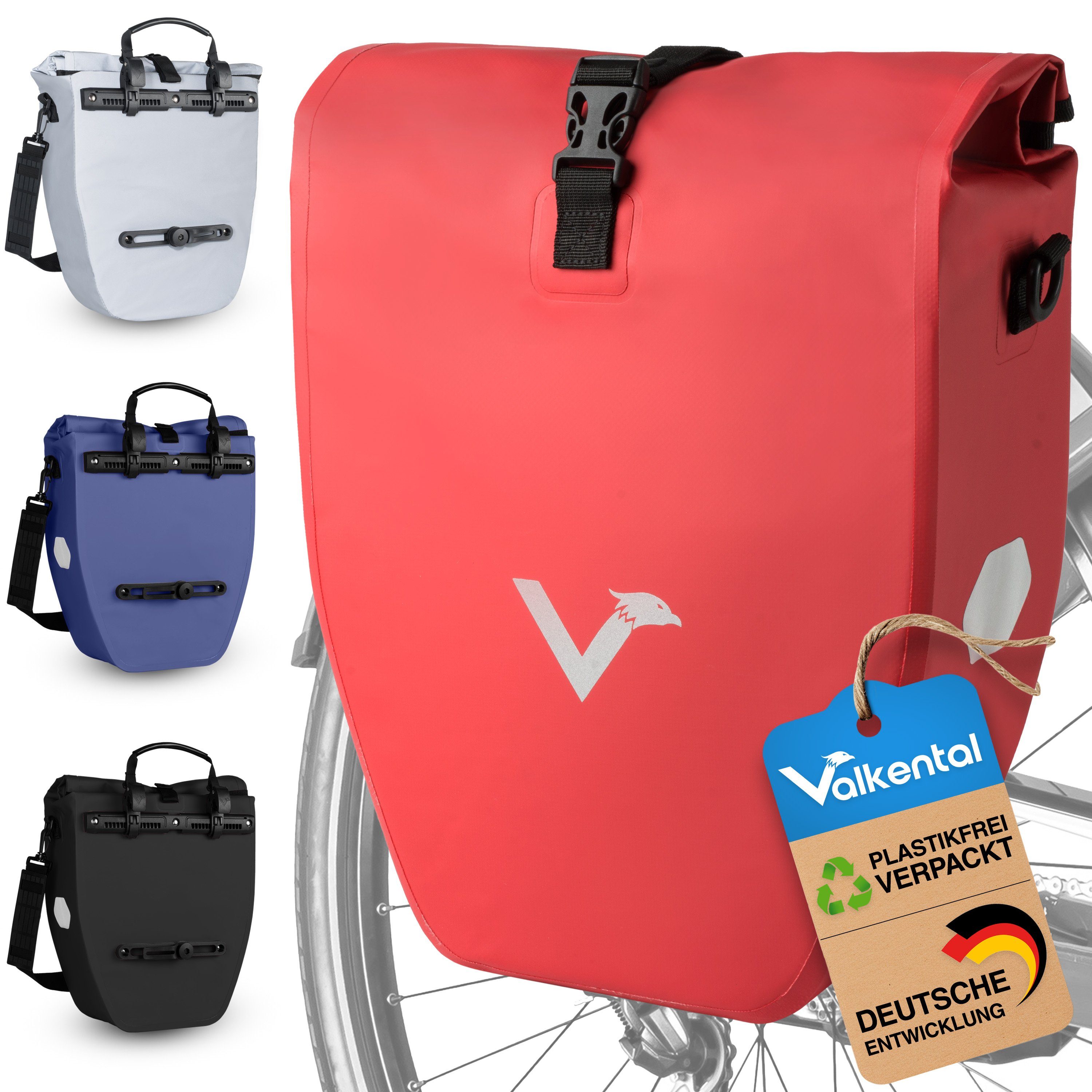 Valkental Fahrradtasche Gepäckträgertasche - Fahrradtasche für Gepäckträger, wasserdicht, große Reflektoren, 20L & 28L