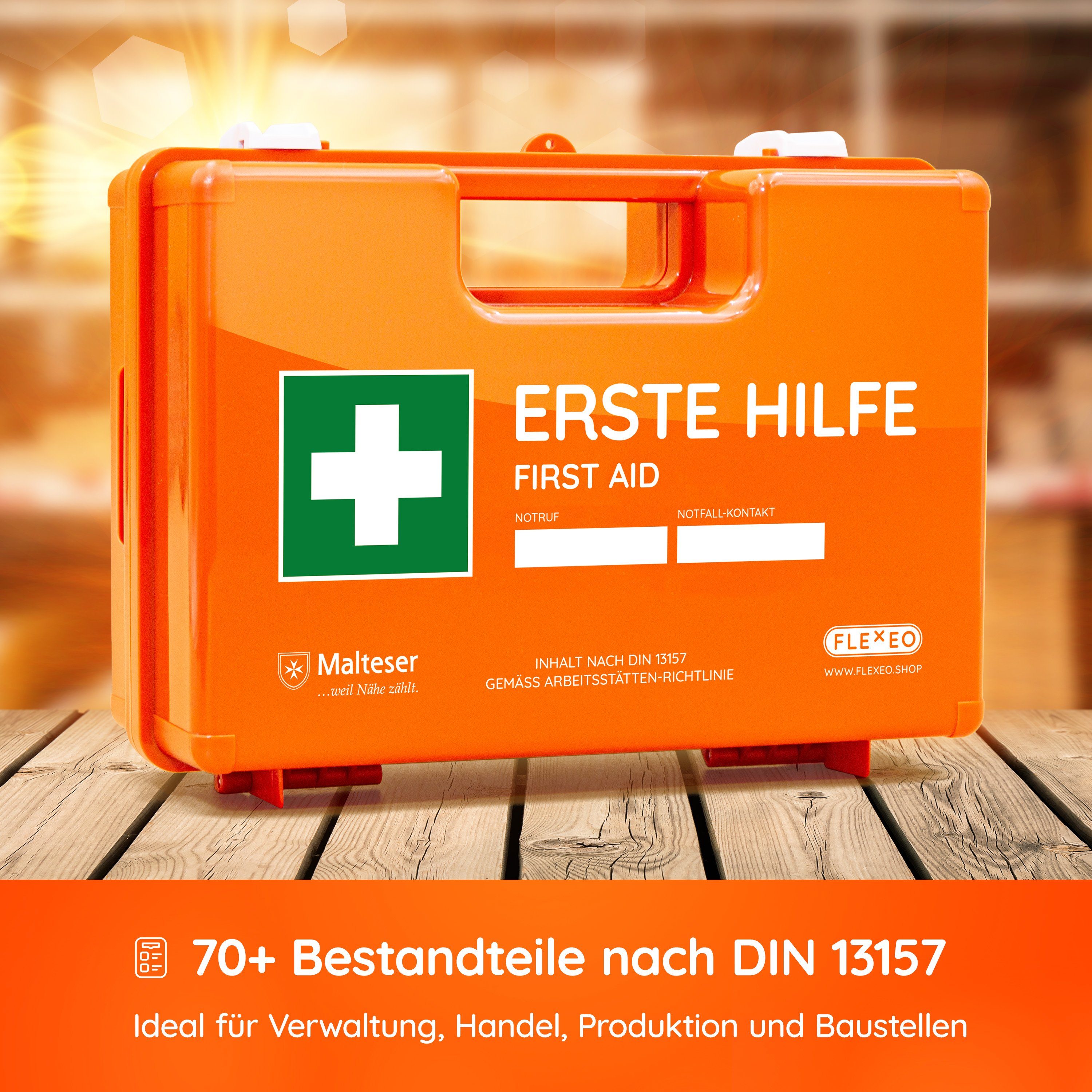 FLEXEO Erste-Hilfe-Koffer DIN 13157, (1 St), Verbandkasten für Betriebe,  Büros und Zuhause